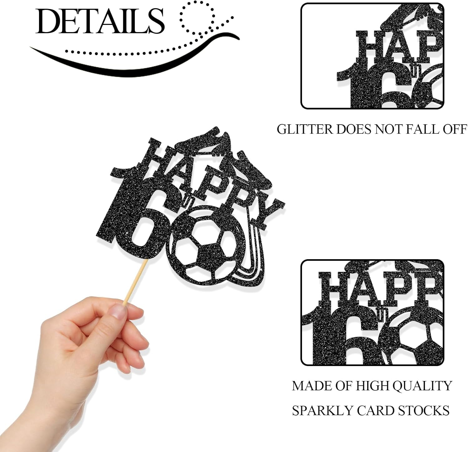 Monmon & Craft Soccer 16Th Birthday Cake Topper/Sport Theme Soccer Ball Cake Docer/Soccer Player Boy 16Th Birthday Party Decorations - Black Glitter image number 5