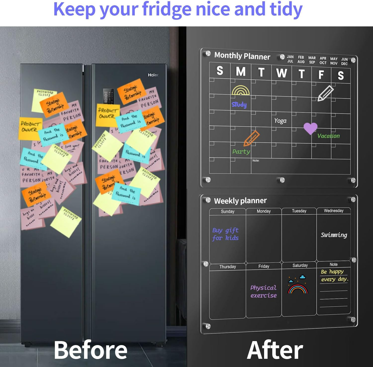 Clear Acrylic Magnetic Calendar for Fridge - 2Pcs 16"X12" Magnet Monthly and Weekly Wet Erase Board for Refrigerator Reusable Planner Includes 6 Colorful Markers,Magnetic Pen Holder and Erase Towel