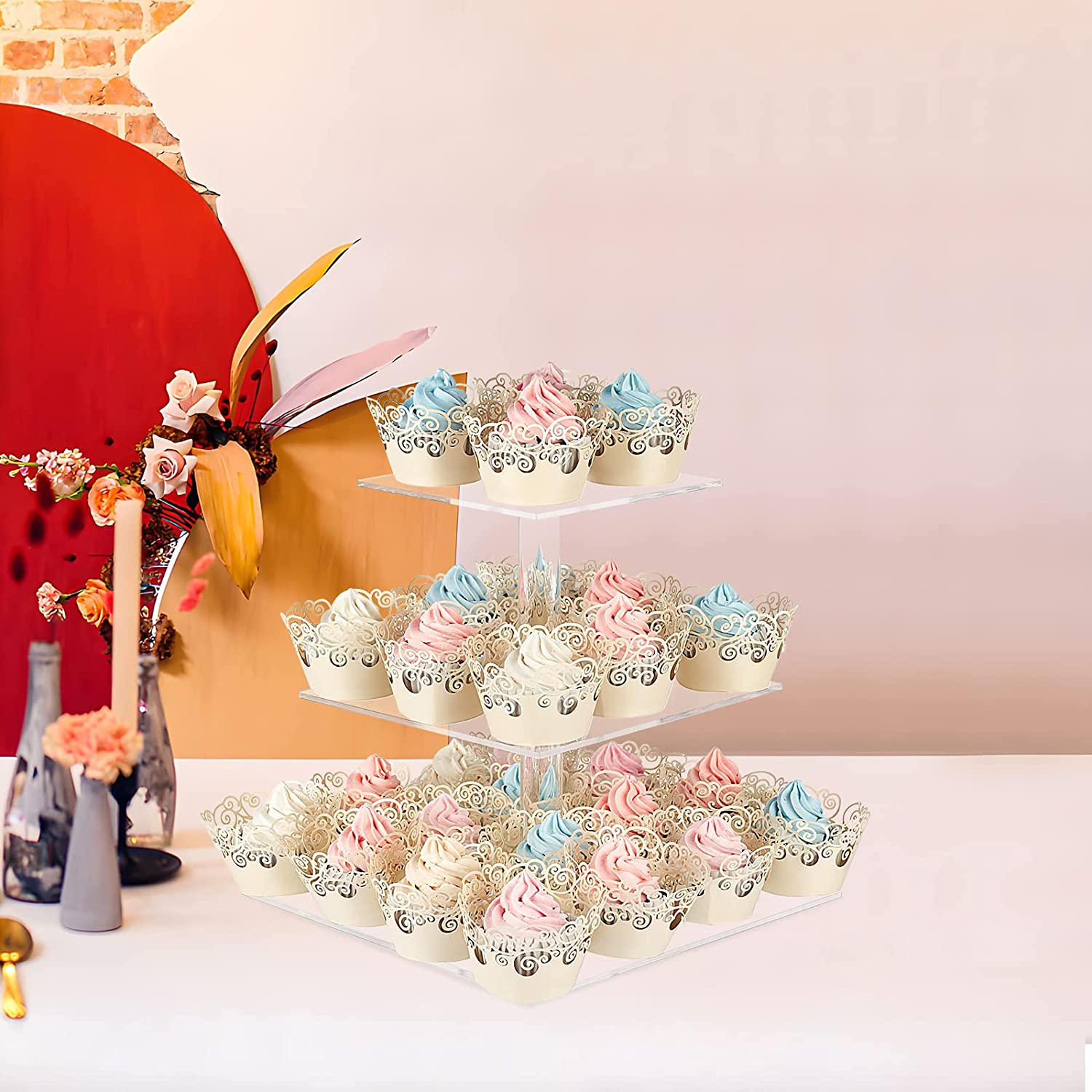 AMEITECH Cupcake Stand with Base, 3-Tier Square Acrylic Cupcake Display Stand Dessert Tower Pastry Stand Premium Cupcake Holder for Wedding Birthday Theme Party- Transparent image number 5