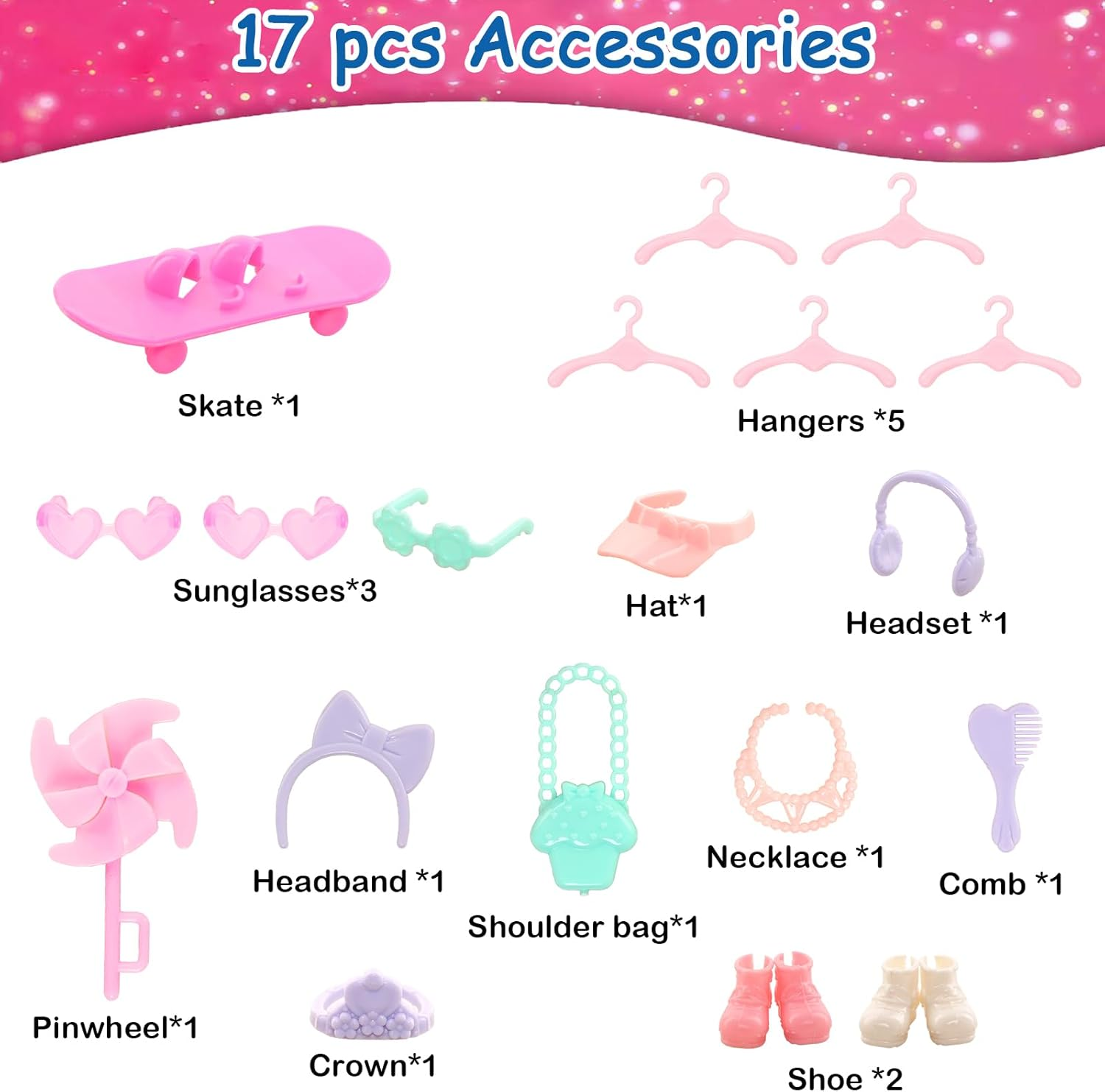 Barwa 8 Clothes Dresses + 2 PCS Shoes +2 PCS Glasses + 15 Accessories for 6 Inch Girl Doll