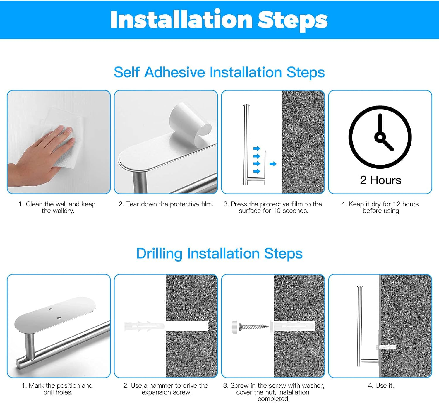 Paper Towel Holders for Kitchen,Paper Towels Bulk- Self-Adhesive under Cabinet,Both Available in Adhesive and Screws,Stainless Steel Paper Towel Roll Rack (1, New Silver-A) - Mental Black image number 7