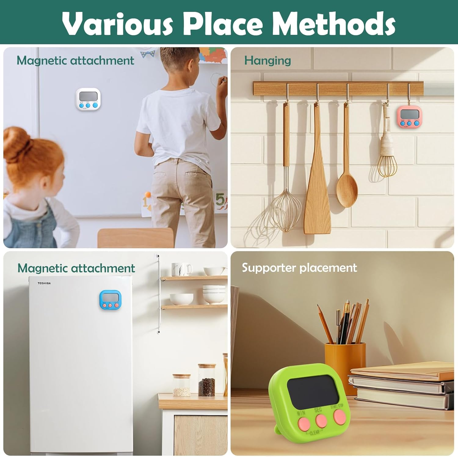 4Pcs Kitchen Timer Digital, Geeric 99 Min Visual Timer for Kids +2 Sticker Coloful Stand/Back Magnetic Silent Clock Time Management Assistant Desk Visual Clock for Cooking, Classroom, Office