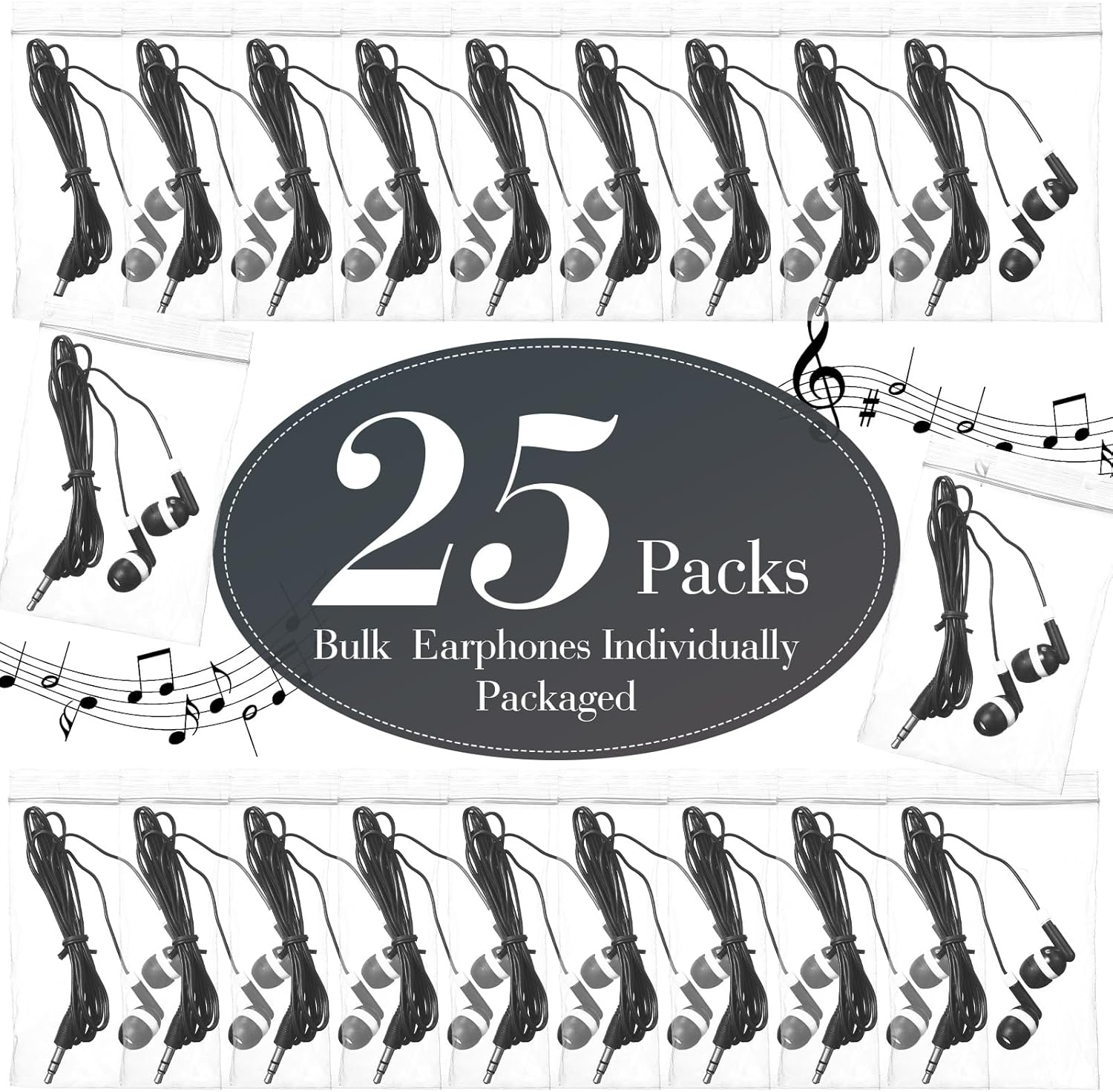 Konohan 25 Pcs Bulk Earbuds for Classroom, Student Basic Headphones in Ear for Kids Schools Libraries Laptop, 3.5 MM Earbuds Dot Headphones, Individually Bagged (Black) image number 2