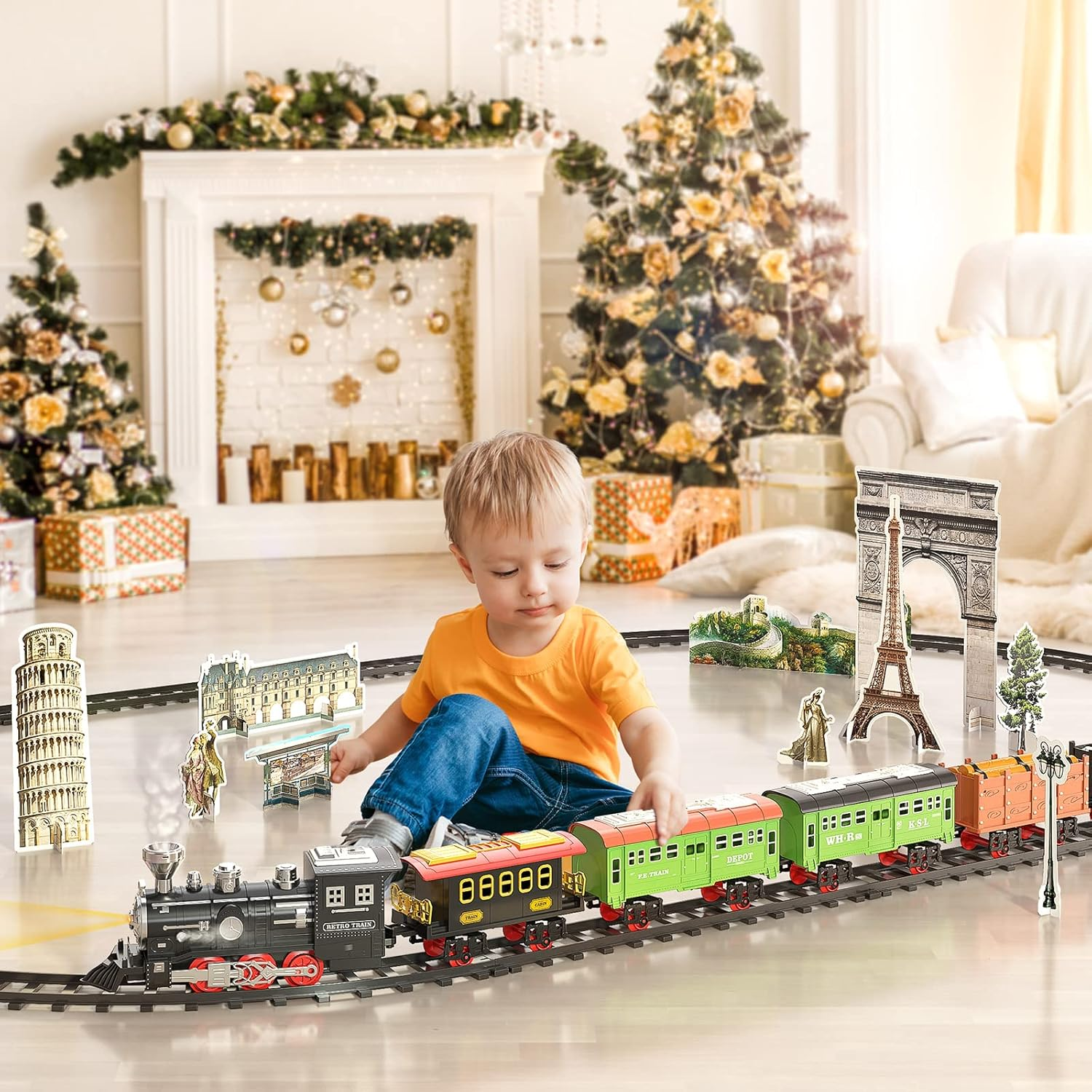 Large Train Set - Kids Electric Train Toy with 3 Way Smoke Locomotive, Light and Sounds, Cargo Cars and Long Tracks, Large Gift Train Set for Boys & Girls
