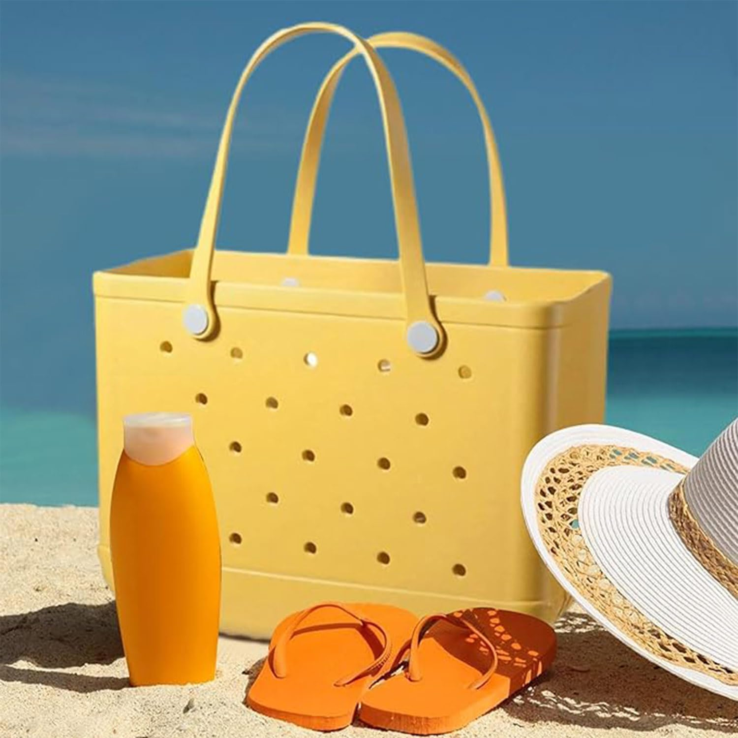 Women Outdoor Rubber Tote Bag,Sports Washable Rubber Tote Bag with Holes | Women'S Portable Travel for Beach Sports Swimming Pool - Orange image number 7