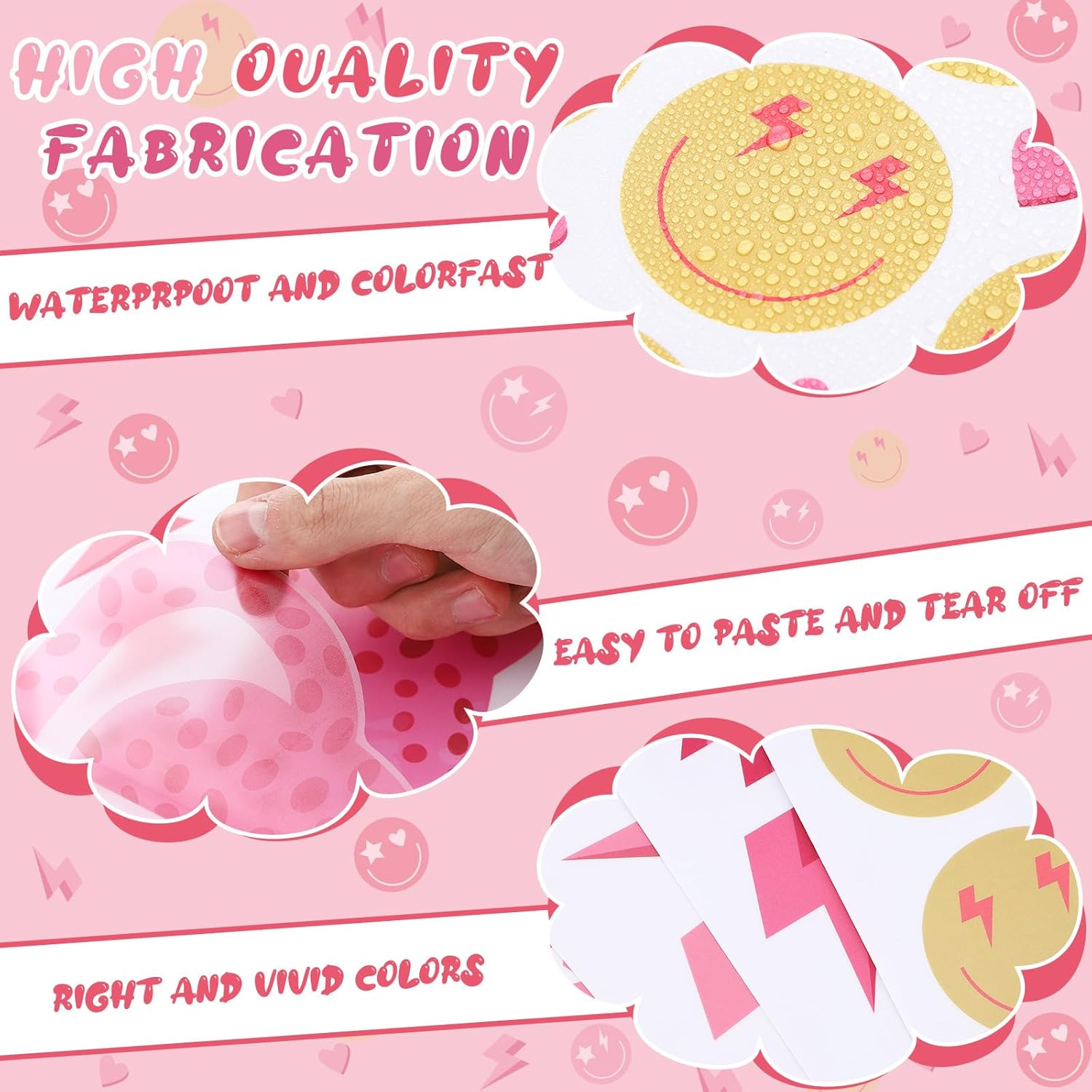 Kisston 9 Sheets Preppy Pink Wall Decal Hot Aesthetic Howdy Smile Face Lightning Vinyl Wall Decals Pink Cheetah Murals Decal for College Students Girls Pink Dorm Bedroom Living Room Nursery Decoration - Bright image number 3