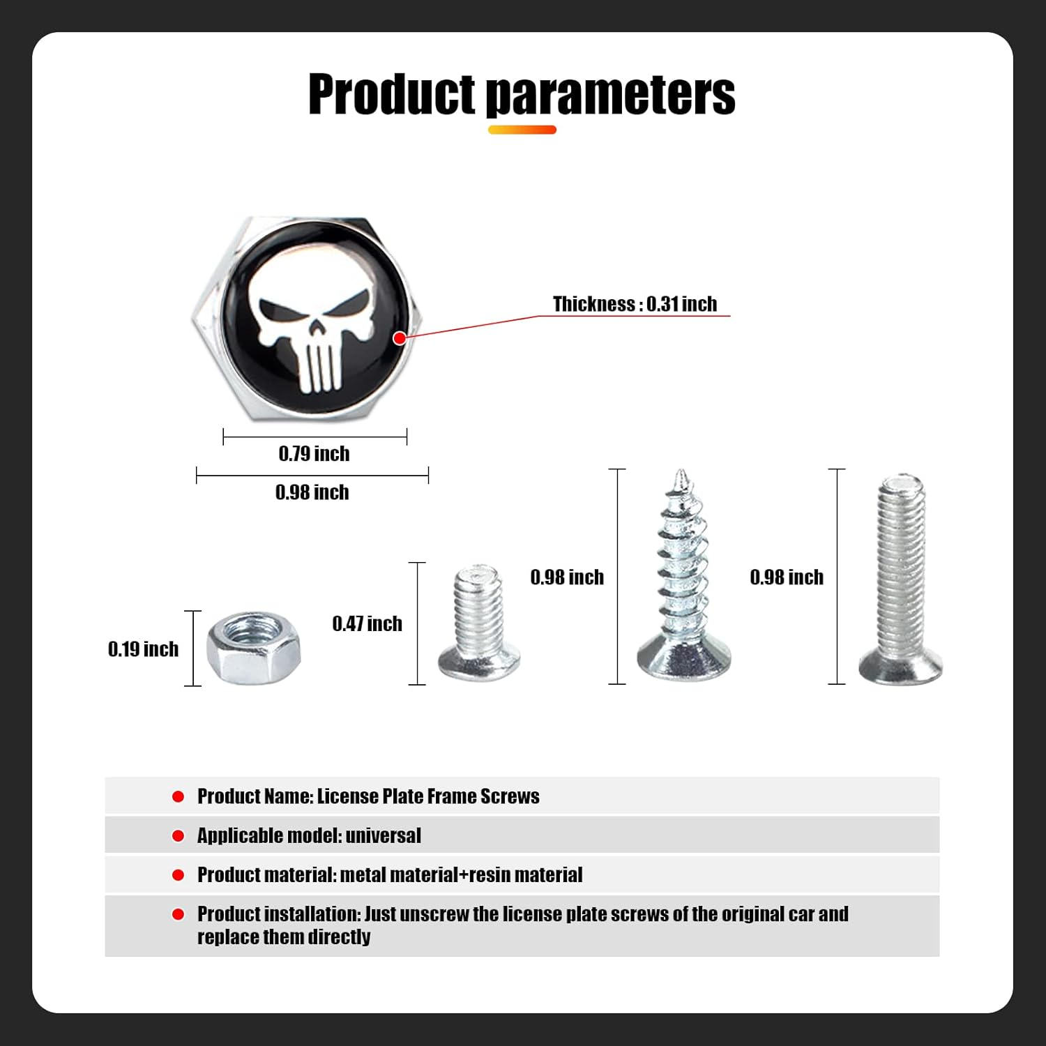 Pack-4 License Plate Screws Fastener Kit, White Skull Aluminum Alloy Car anti Theft Screw Caps, License Plate Frame Decorative Bolts for Car Truck Motorcycle SUV (Silver) - Silver image number 2