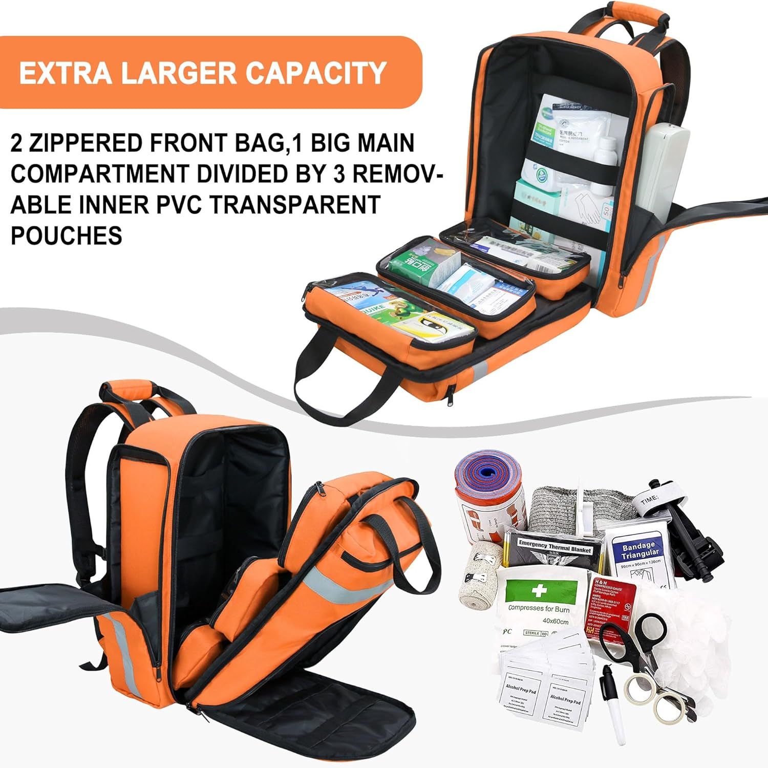 First Aid Backpack,Emergency Medical Backpack Empty - Orange image number 5