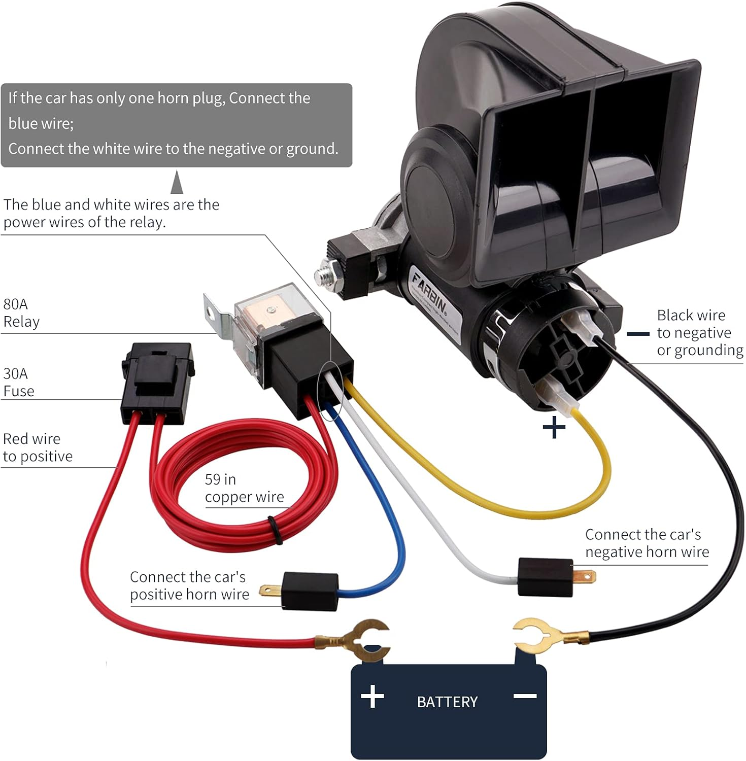 FARBIN Air Horn for Truck,Compact Electric Train Horn,Car Horn 12V 150Db Super Loud with Wiring Harness,For Any 12V Vehicles (Black Horn with Wiring Harness, 12V) image number 6