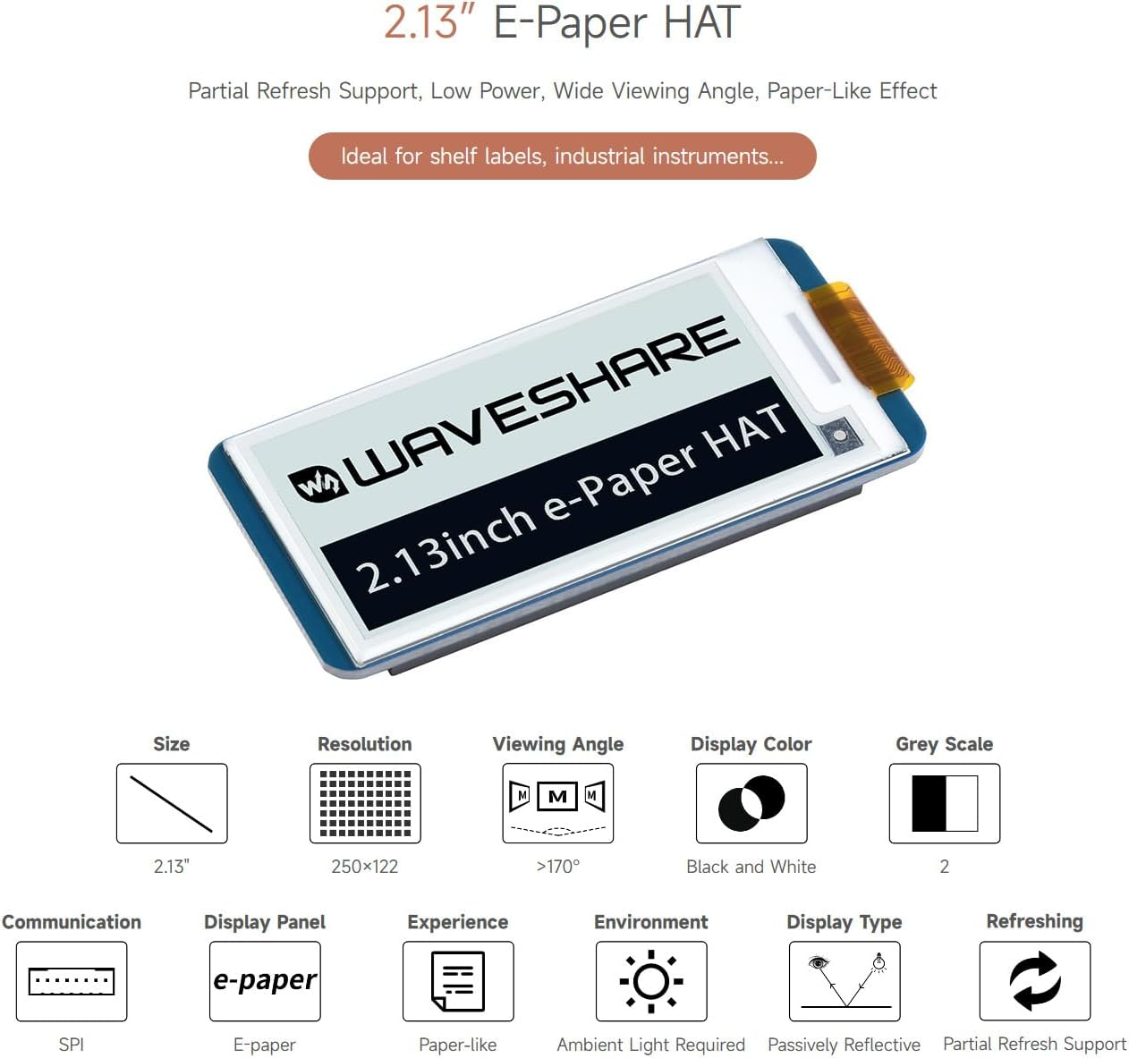 Waveshare 2.13 Inch E-Paper Display HAT E-Ink Screen V4 Version, LCD Module SPI Interface with Embedded Controller for Raspberry Pi 2B 3B Zero Zero W image number 5