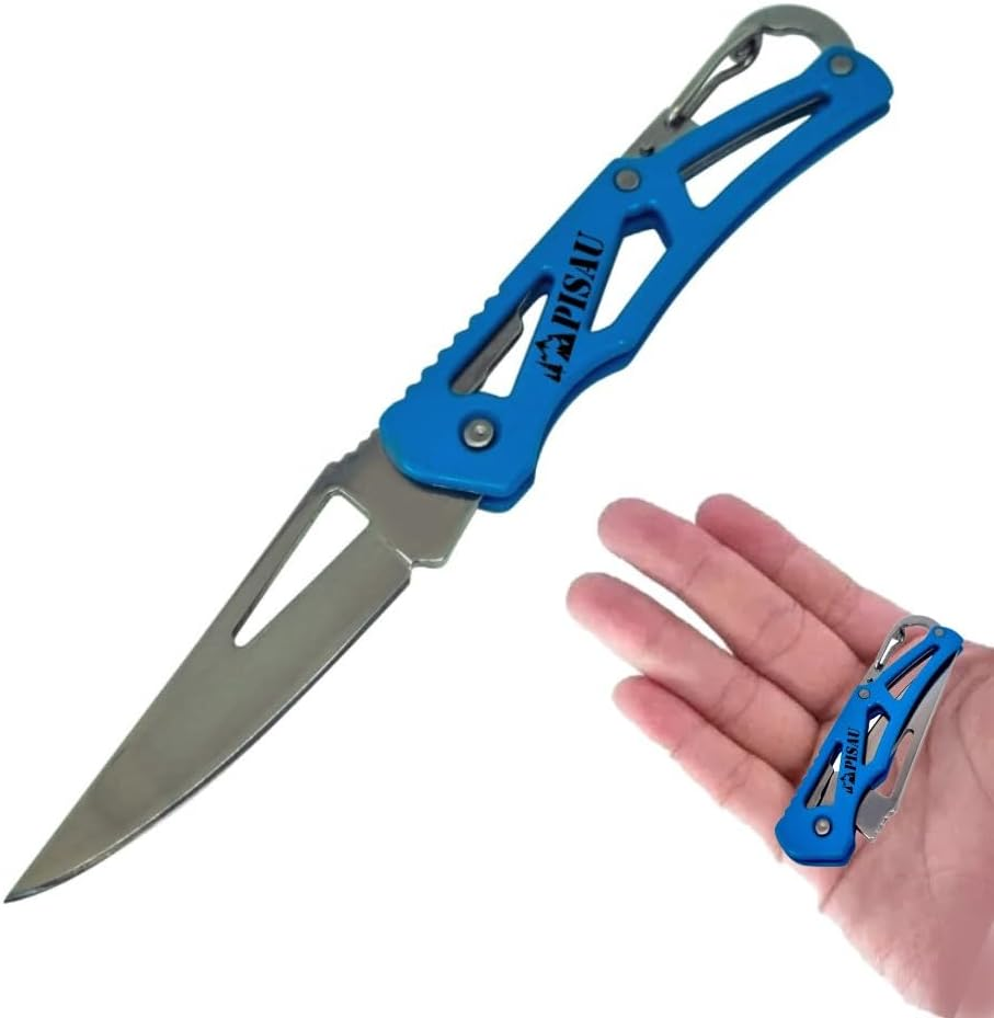 PISAU Small Stainless Steel Camping Folding Knife with Carbinner for Emergceny, Fishing and Camping (Pink)