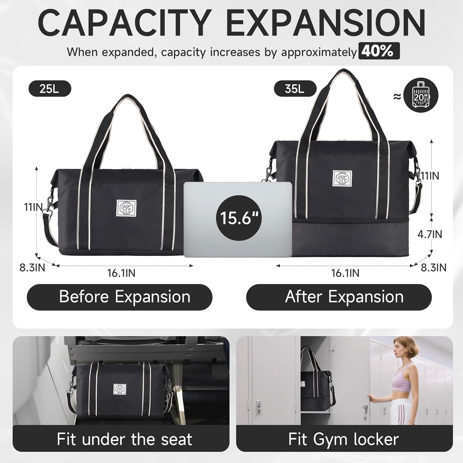 WALNEW Travel Duffle Bag, Carry on Bag for Women Men, Foldable Overnight Weekender Duffel Bags, Large Gym Tote Bag with Metal Buckle Detachable Shoulder Strap and Wet Compartment, Black - Klein Blue image number 5