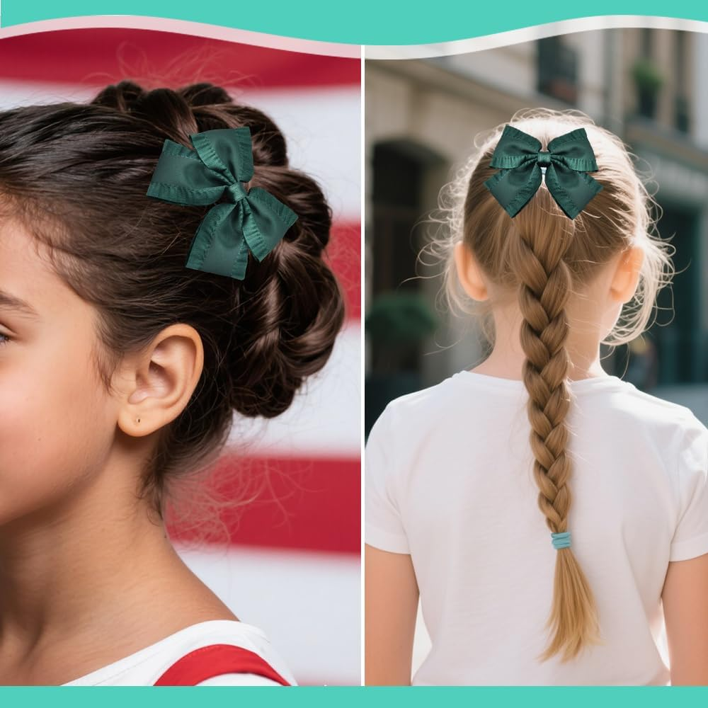 4 Inch Emerald Green Hair Bows with Ruffle Edge Cute Satin Bowknot Alligator Clips Hairpins Cute Ruffled Green School Cheer Bow Clips St Patricks Day Christmas Bows Hair Accessories for Girls 2 PCS