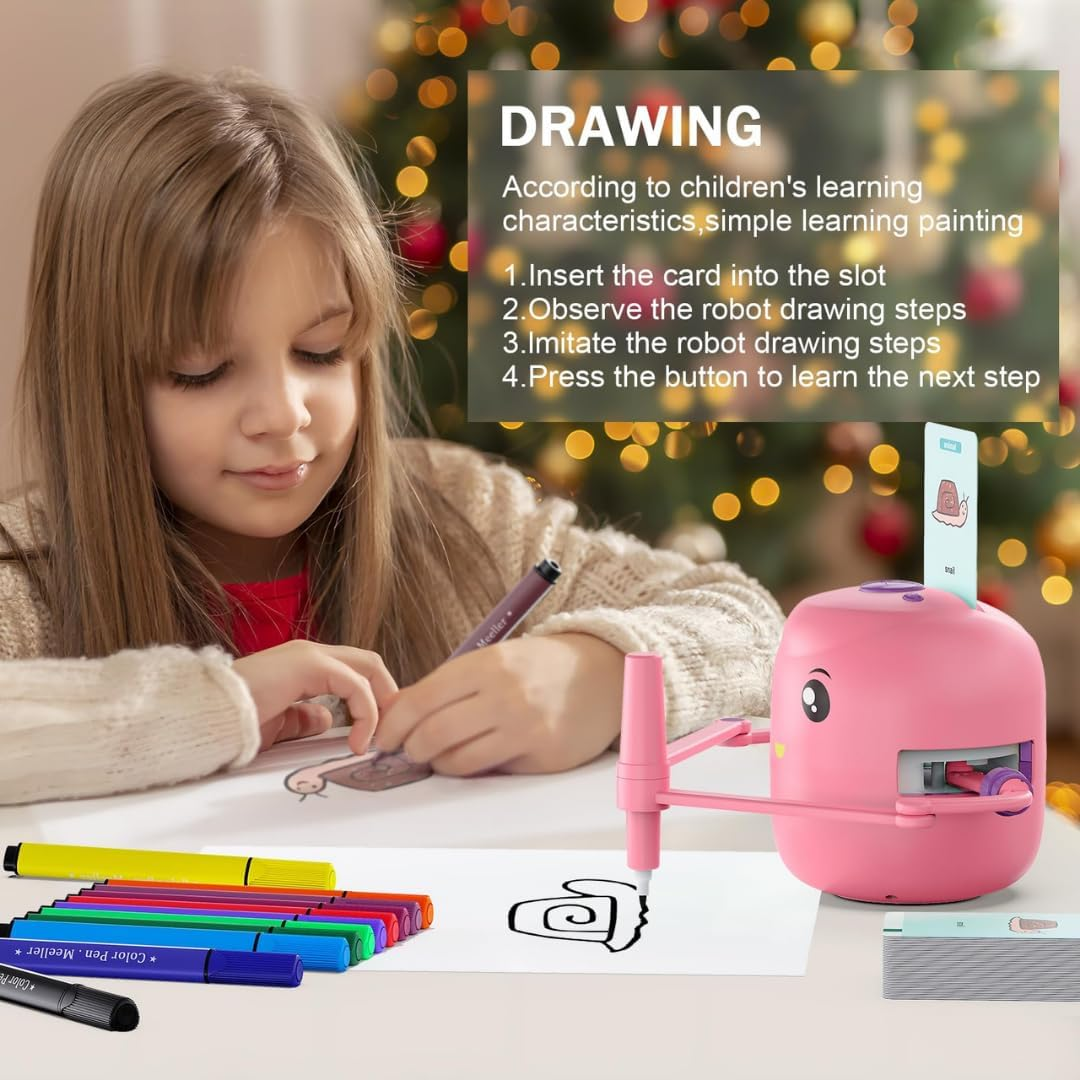 Drawing Robot for Kids &ndash; 100 Drawing Cards, Voice Interaction, Educational Montessori Learning Toy with 2 Pens &ndash; Smart STEM Art Robot Gift for Boys & Girls Ages 3-8 (Pink) image number 3