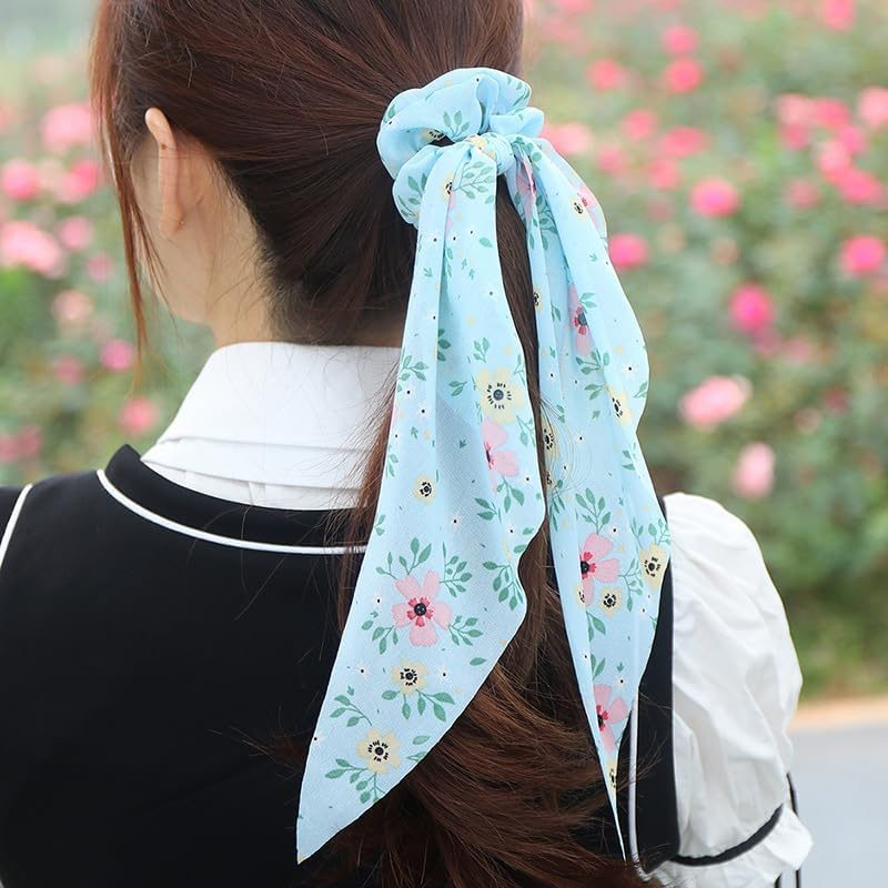 LALOCAPEYO Hair Scarf Scrunchies for Women, 3Pcs Floral Bow Hair Scrunchies, Elastic Hair Scarf Hair Ties, Hair Ribbon Scarf Scrunchies, Ponytail Holder for Women, Hair Accessories for Girls image number 5