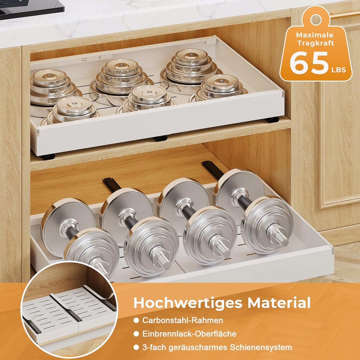 Casgee Pack of 4 Telescopic Drawers, Extendable Kitchen Drawer, Width 32-52 Cm, Extendable Cupboard Organiser with Rail System, Stick Slide Out Pull-Out Kitchen Cabinet for Kitchen Organisation, White image number 6
