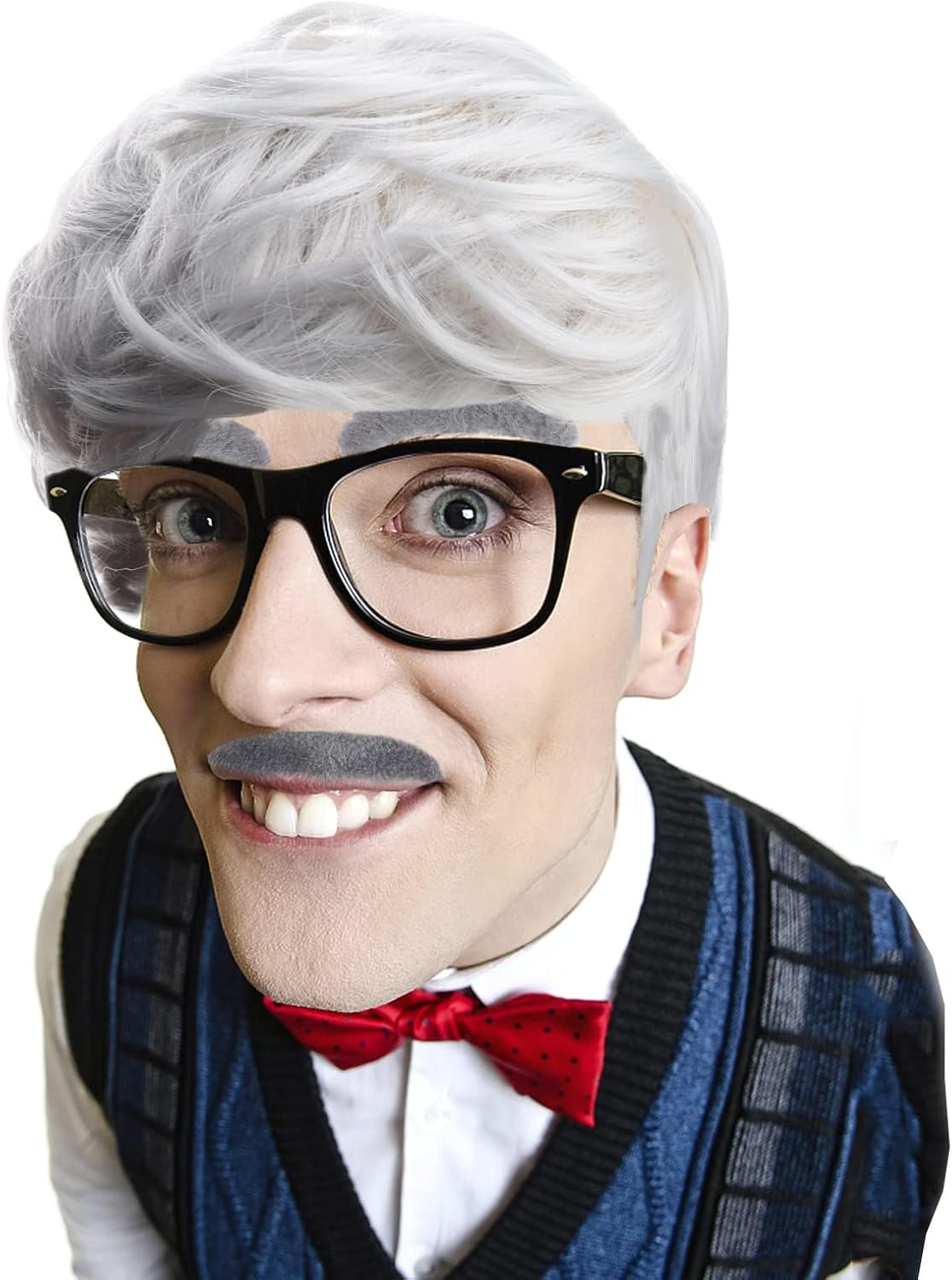 6 PCS Old Man Costume Kit Grandpa Costume Accessories Including Old Man Wig,Wig Cap,Glasses,Fake Beard,Faux Eyebrows for Grandpa Cosplay image number 4