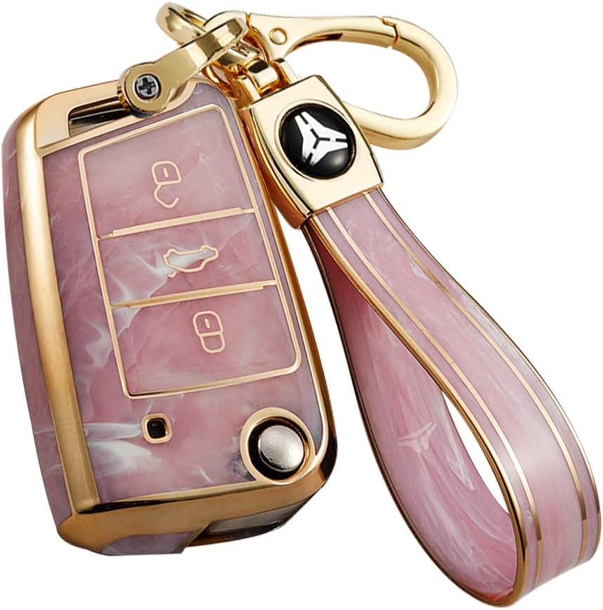 Ontto Tie-Dye Colour Car Key Fob Cover Fit for VW Golf 7 MK7 Polo T-ROC Tiguan Skoda Superb Octavia Seat Leon Ibiza Flip TPU Key Case Keyring Keychain Key Holder Accessories Pink