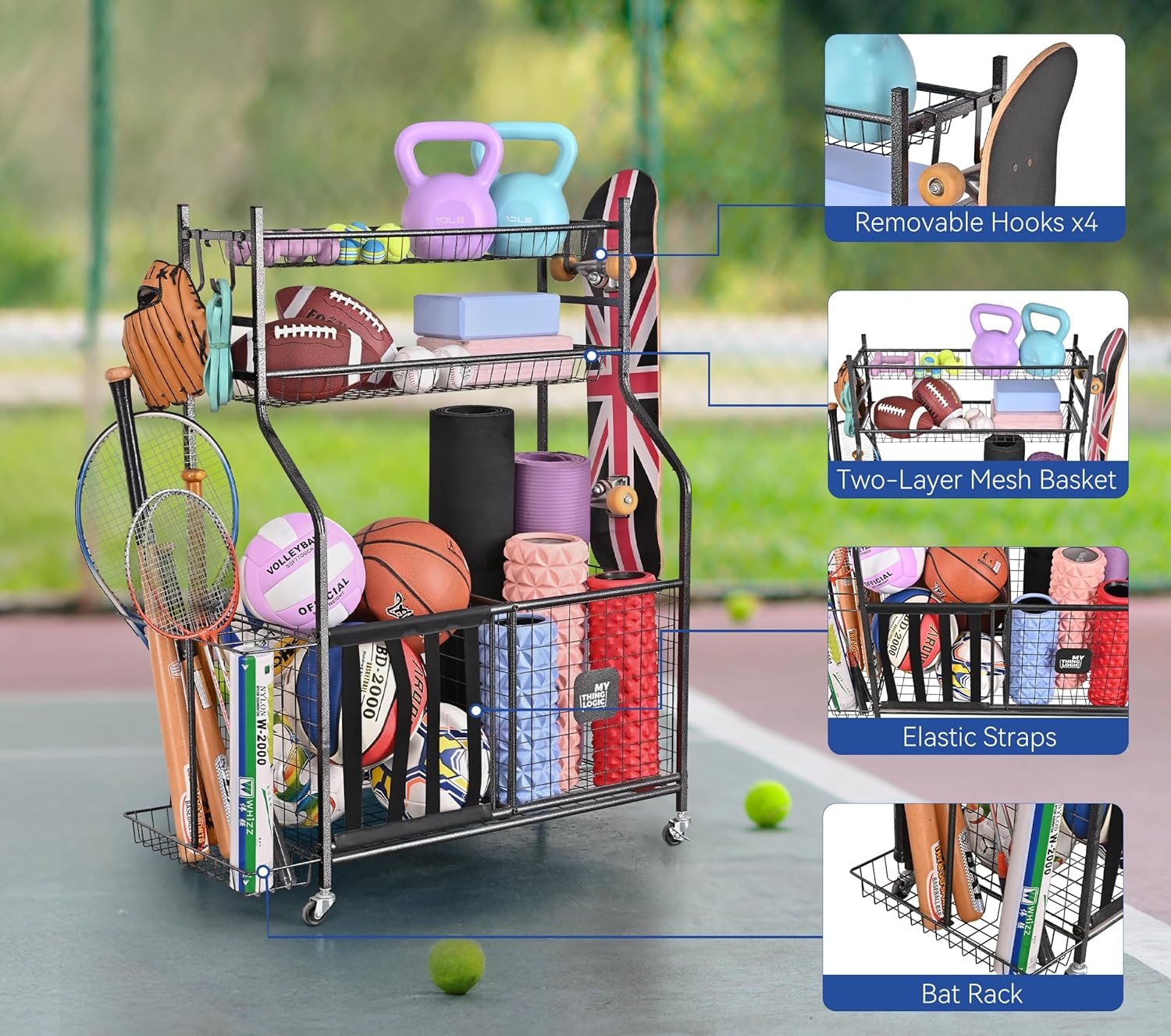 Mythinglogic Garage Storage System, Garage Organizer with Baskets and Hooks, Sports Equipment Organizer for Sports Gear/Toys,Garage Ball Storage for Indoor/Outdoor Use image number 5