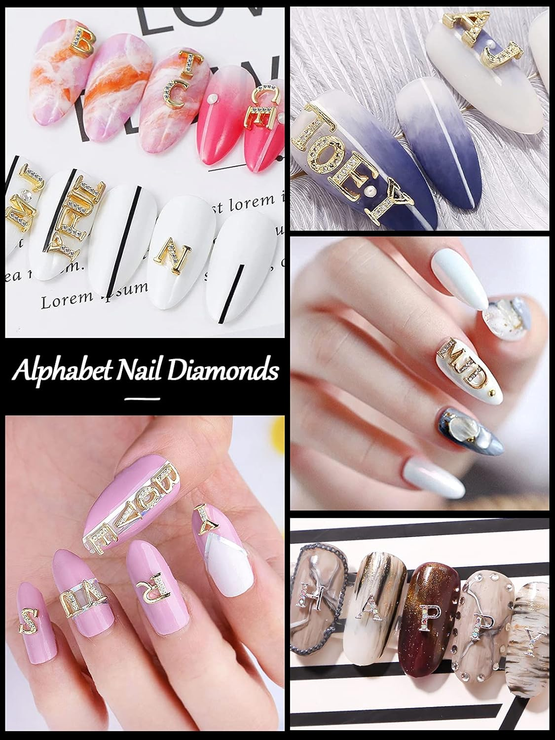 Kalolary 52Pcs Rhinetone Letters Nail Studs, Gold Silver 3D Capital Rhinetone Nail Letter English Alphabet Stud Charm DIY Manicure Nails Jewelry Making Crafts Decoration for Women Girls