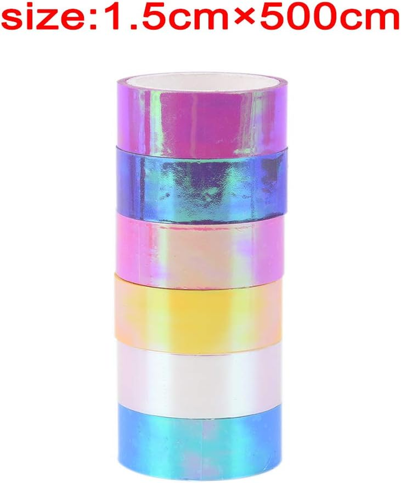 Holographic Colored Masking Tape Set, 6 Rolls Rainbow Masking Tapes Translucent Labelling Tapes Decorative Waterproof Adhesive Iridescent Graphic Art Tape for Arts DIY Office Supplies image number 3