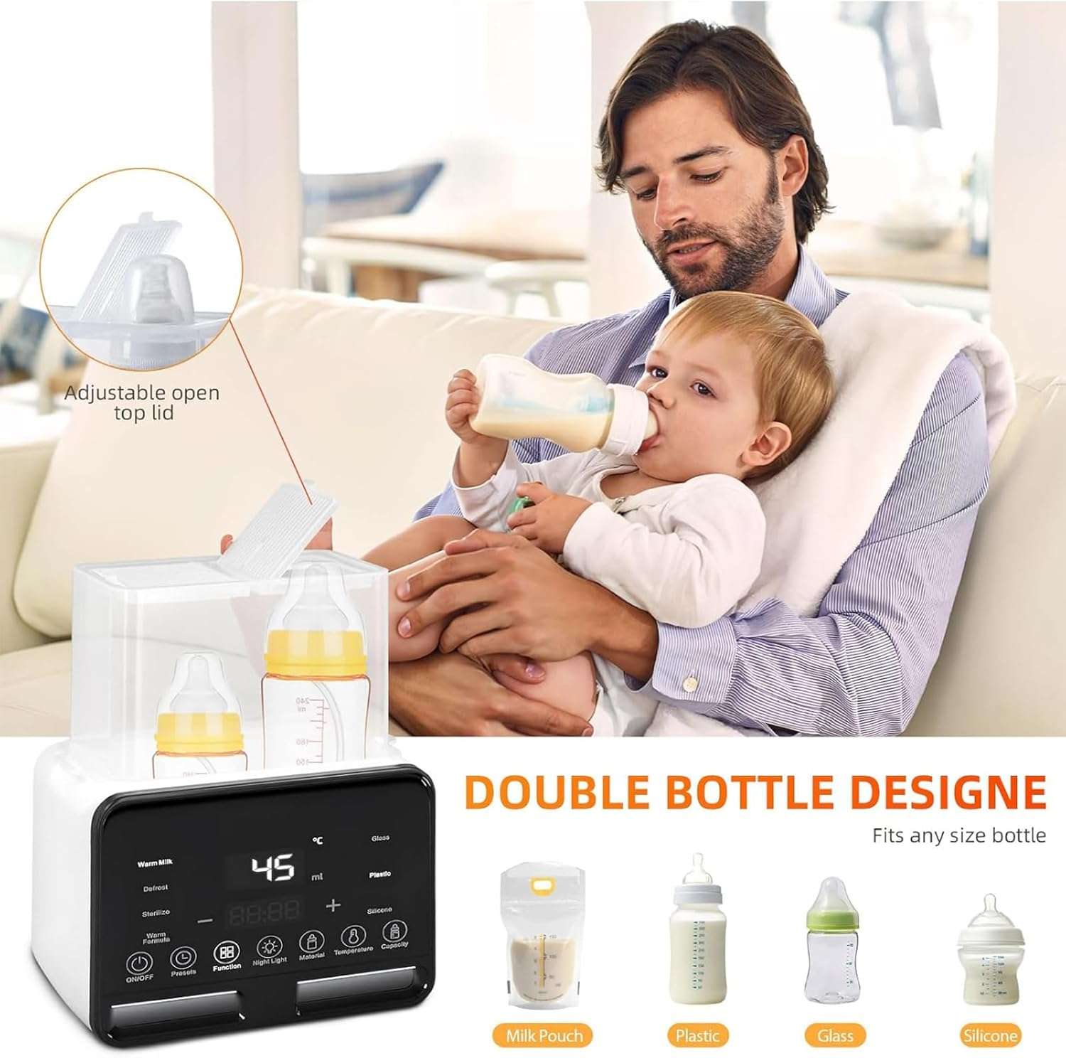 Baby Bottle Warmer, Baby Food Heater, for Breastmilk and Formula with Timer, Fits 2 Bottles, 24H Constant Warming, with Defrost, Heat Baby Food Jars, Sterili-Zing Function, Accurate Temp Control image number 2
