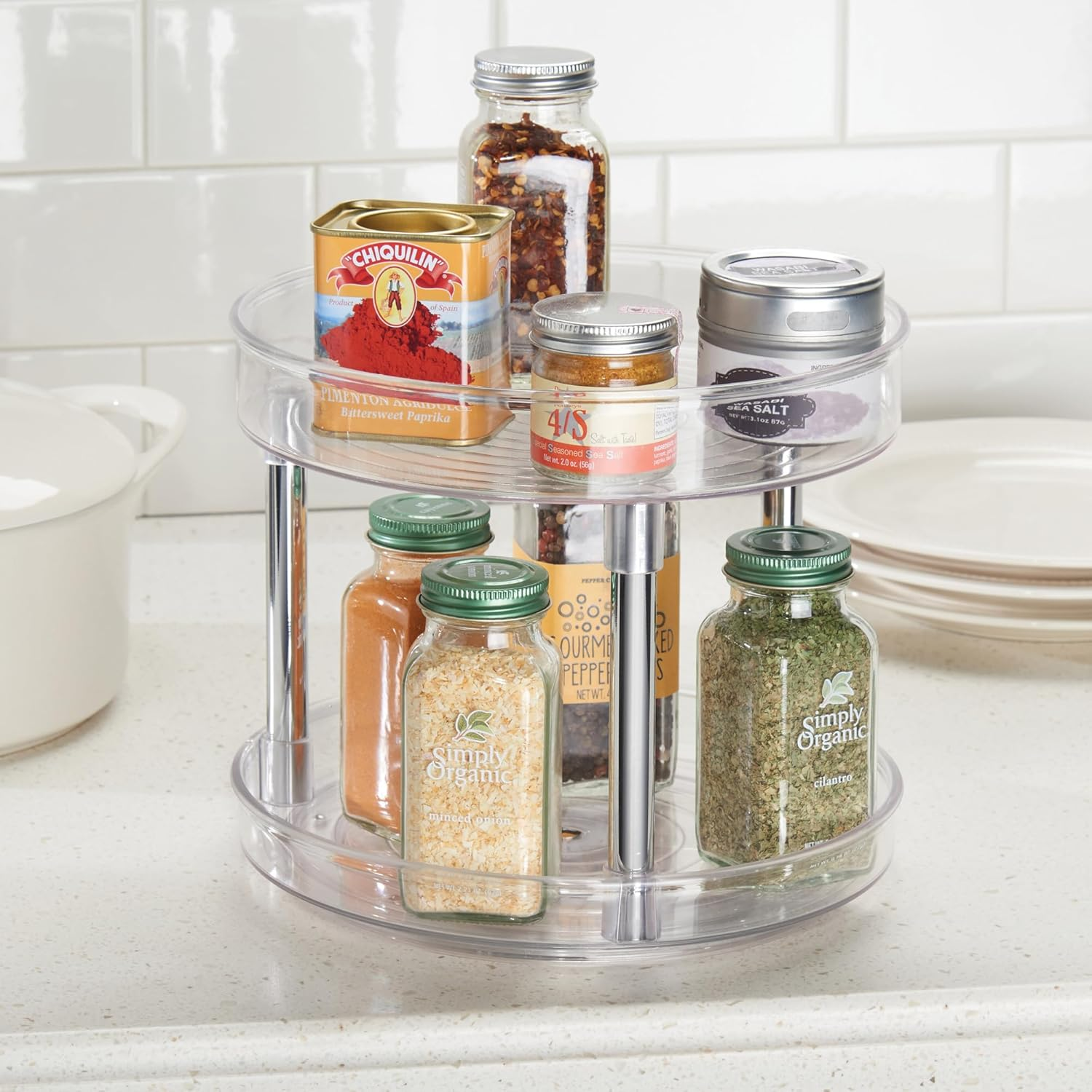 Idesign Rotatable Spice Rack with 2 Tiers, Small Plastic Kitchen Cupboard Storage for Spices and Condiments, Rotating Spice Jars Holder for Kitchen and Pantry, Clear image number 5