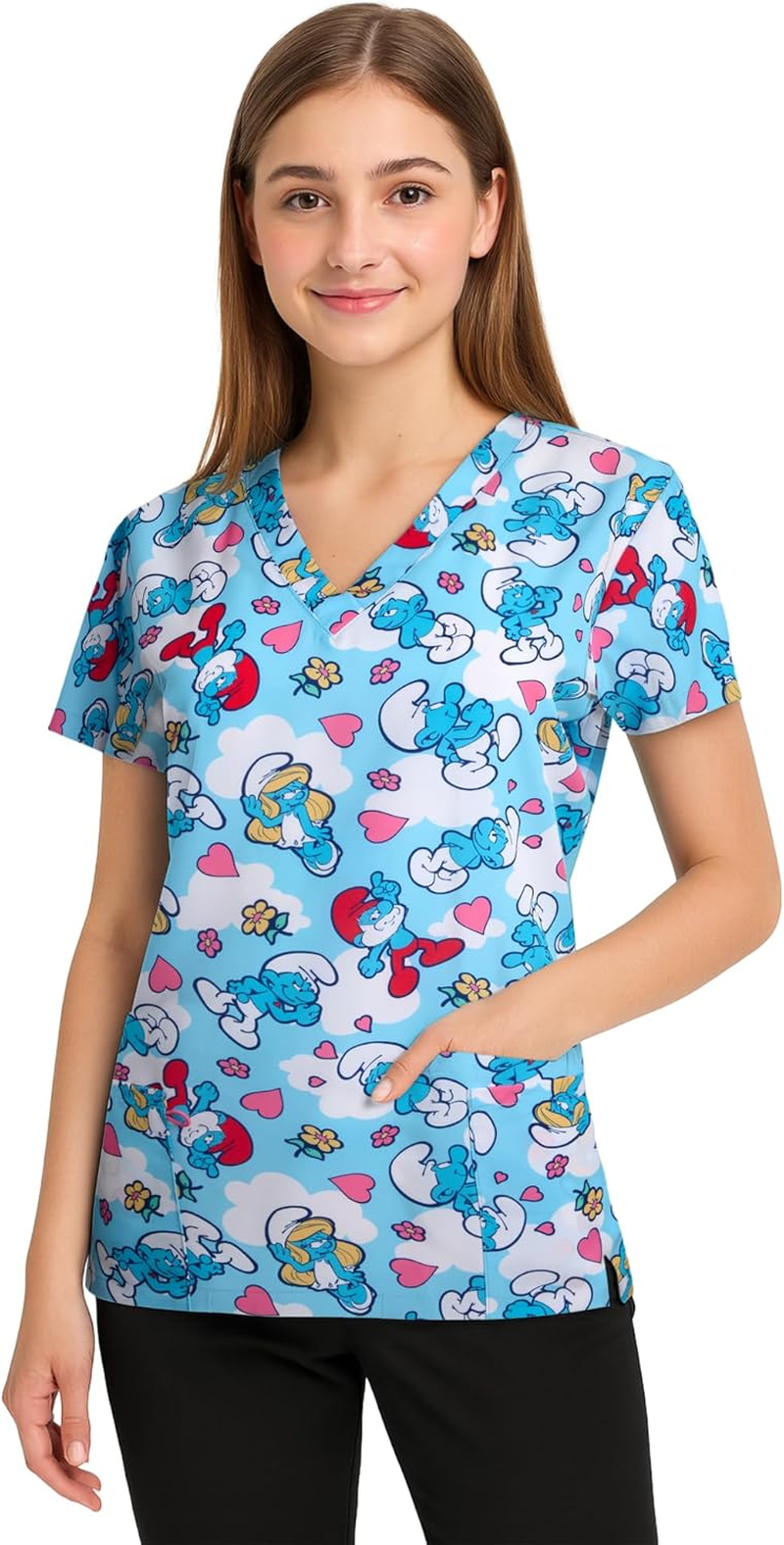 COCO BRANDS Smurfs Womens Scrub Tops - Short Sleeve V-Neck Printed Scrub Tops Women Uniform Shirts with Side Pockets (S-2XL)