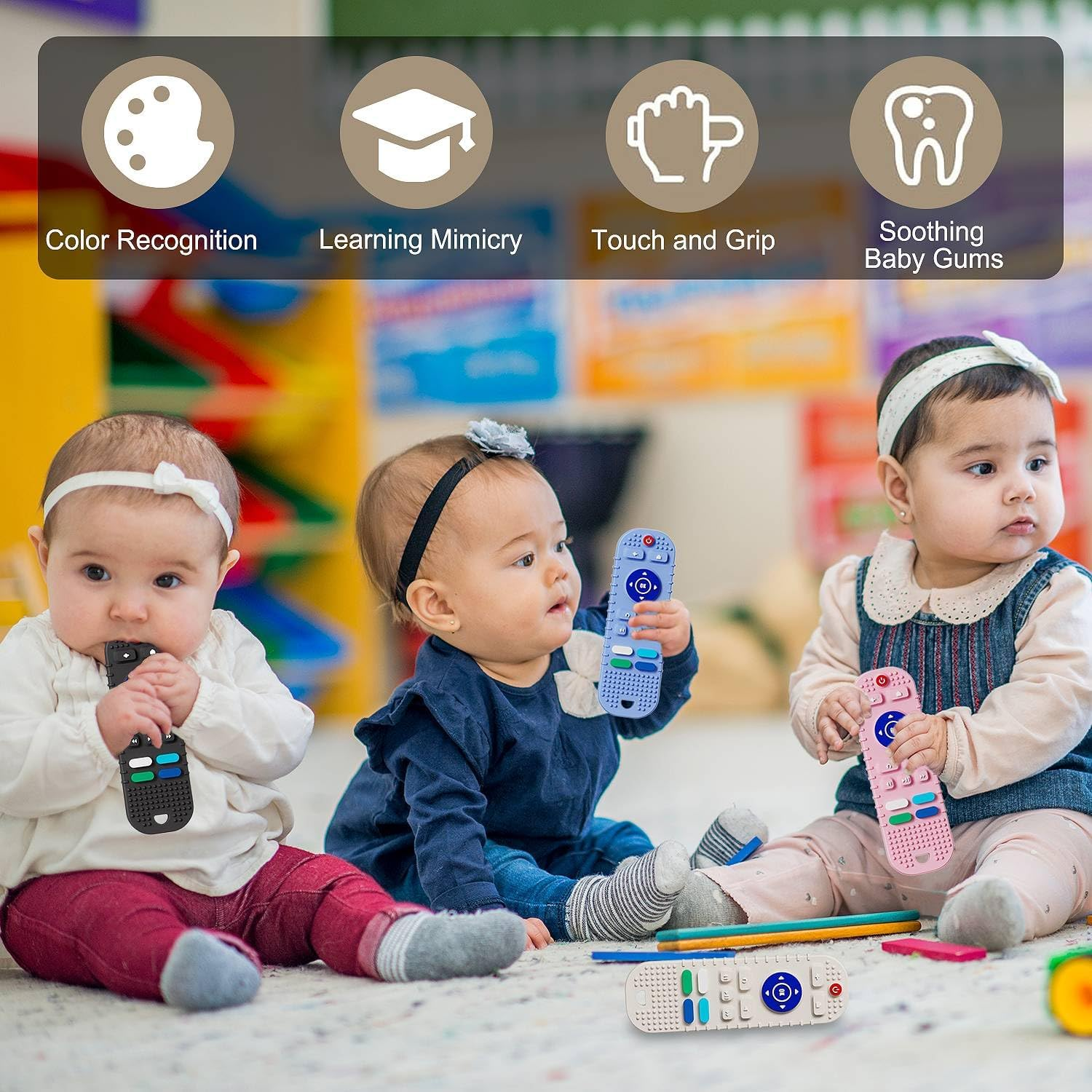 2 Pack Soft Silicone Teething Toys for Toddlers, Babies 0 3 6 9 12 18 Months - Boys Baby Molar Teether Chew Toys Set Gift, TV Remote Control(Black + Grey) image number 1