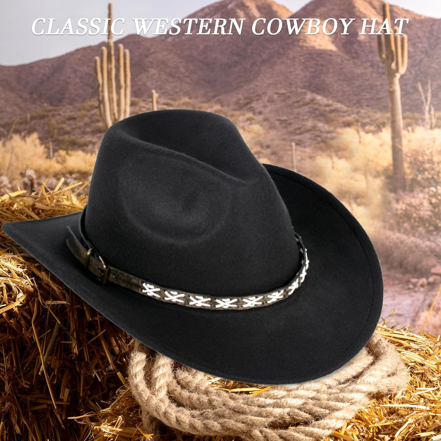 XURUIAU Men'S and Women'S Cowboy Hat Classic Felt Wide Edge Western Cowboy Hat Black image number 1