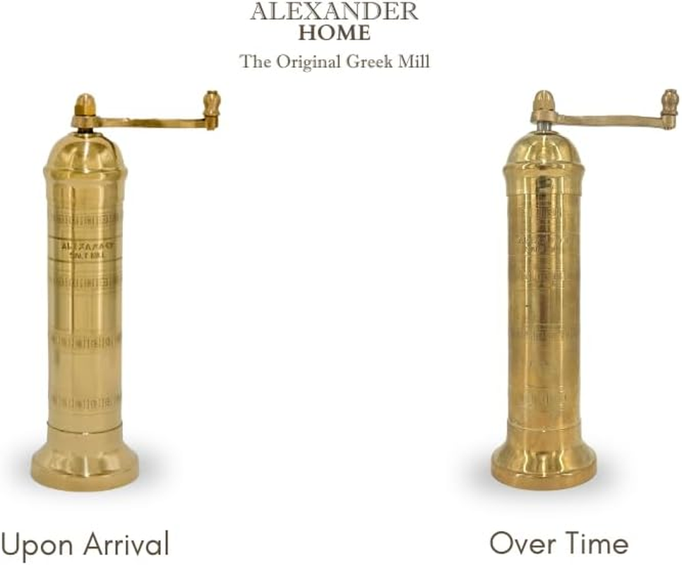 Alexander Home the Original Greek Salt Mill 9 Inch Tall | European Salt Mill Grinder with Crank Handle | Manual Salt Grinder | Salt Refillable - Brass image number 1