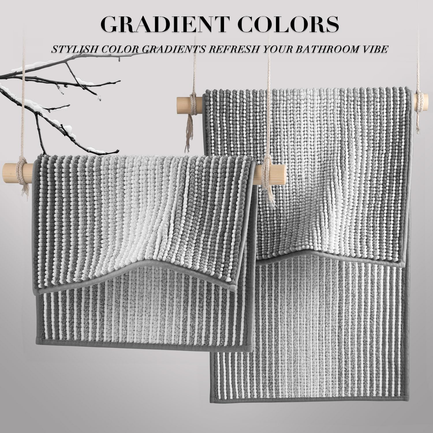 BSICPRO Bathroom Rugs and Mats Sets, 2 Piece Thick Absorbent Chenille Bath Mat Rug Set Non Slip, Soft Shaggy Room Floor for Bathroom, Machine Washable (20" X 32" plus 16" 24", Gray)