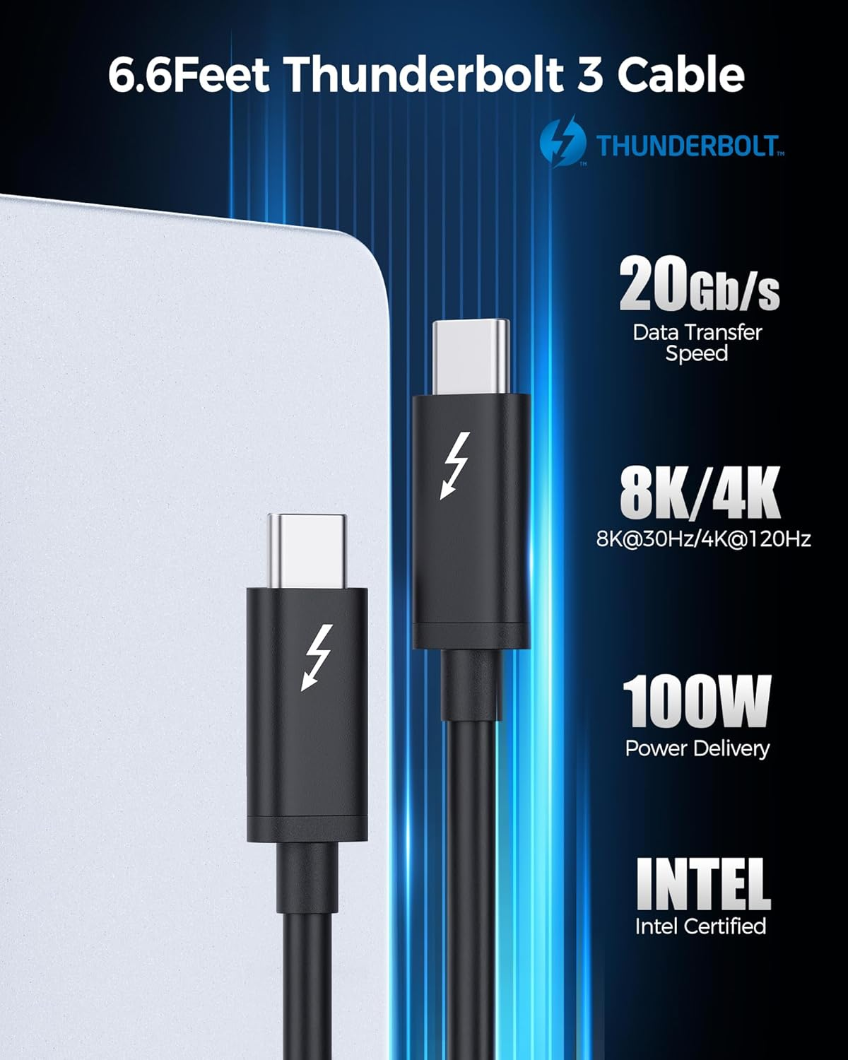 [Intel Certified] Cable Matters 20Gbps Thunderbolt 3 Cable - 2M, USB C Thunderbolt 3 Cable for 8K Video, 100W Charging and 20Gbps Data Transfer, Black image number 3