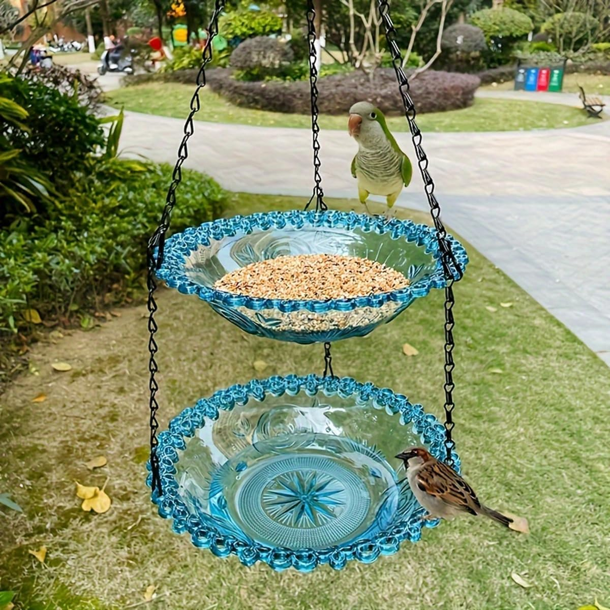 AIMALL Elegant Two-Tier Hanging Bird Feeder - Decorative Garden Bird Bath and Feeding Station, Perfect for Outdoor Decor - Grey image number 2