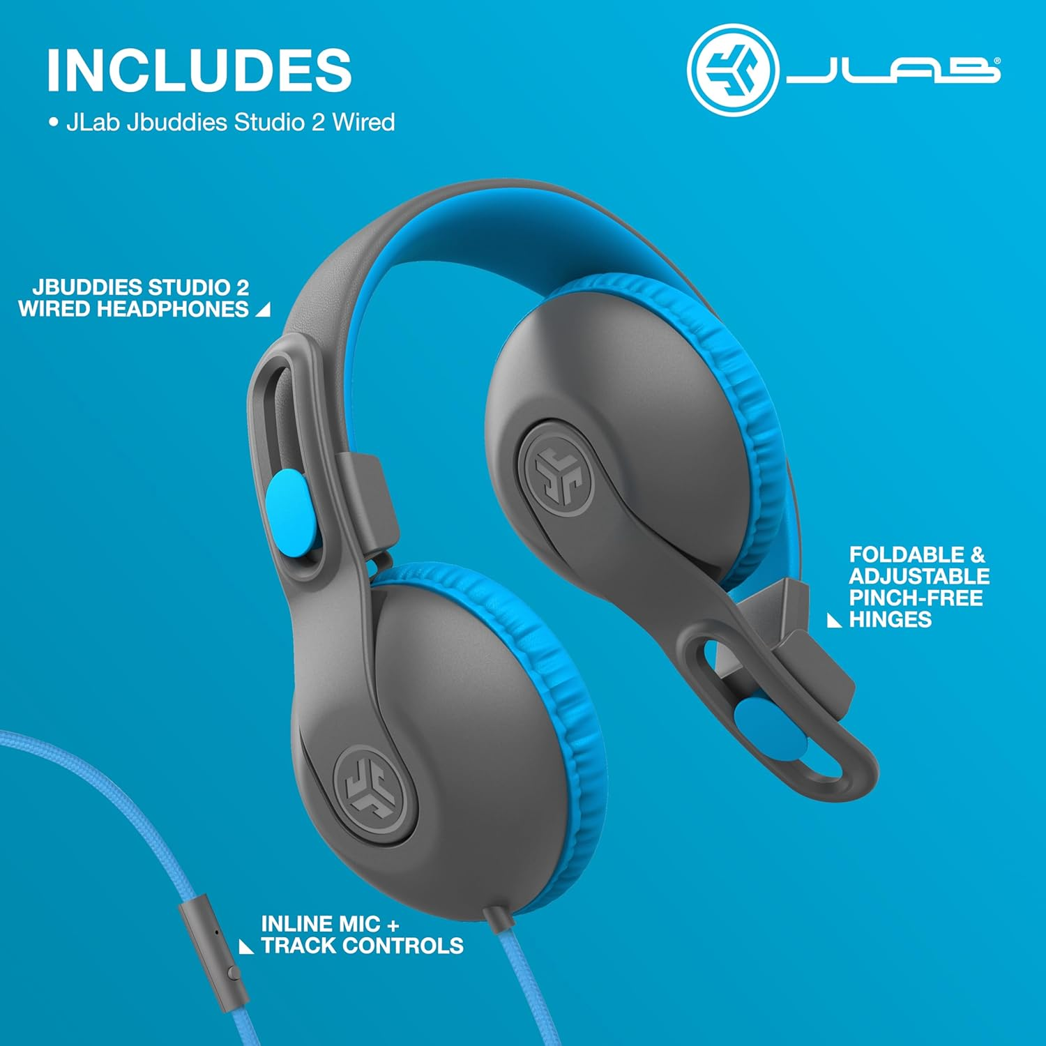 Jlab Jbuddies Studio 2 On-Ear Kids Wired Headphones, Grey/Blue, Toddler Headphones, Kid Safe, Studio Volume Safe, Volume Limiter, Folding, Adjustable, Noise Isolation, with Mic image number 1