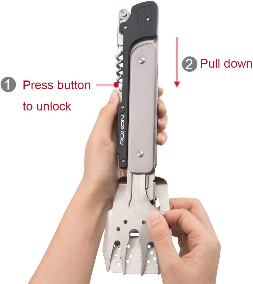 ROXON 6-In-1 BBQ Multi Tool Detachable and Foldable Grill Tool Set with Spatula, Fork, Barbecue Tongs, Bottle Opener Portable Grilling Multitool for Backyard Grilling, BBQ and Camping image number 2