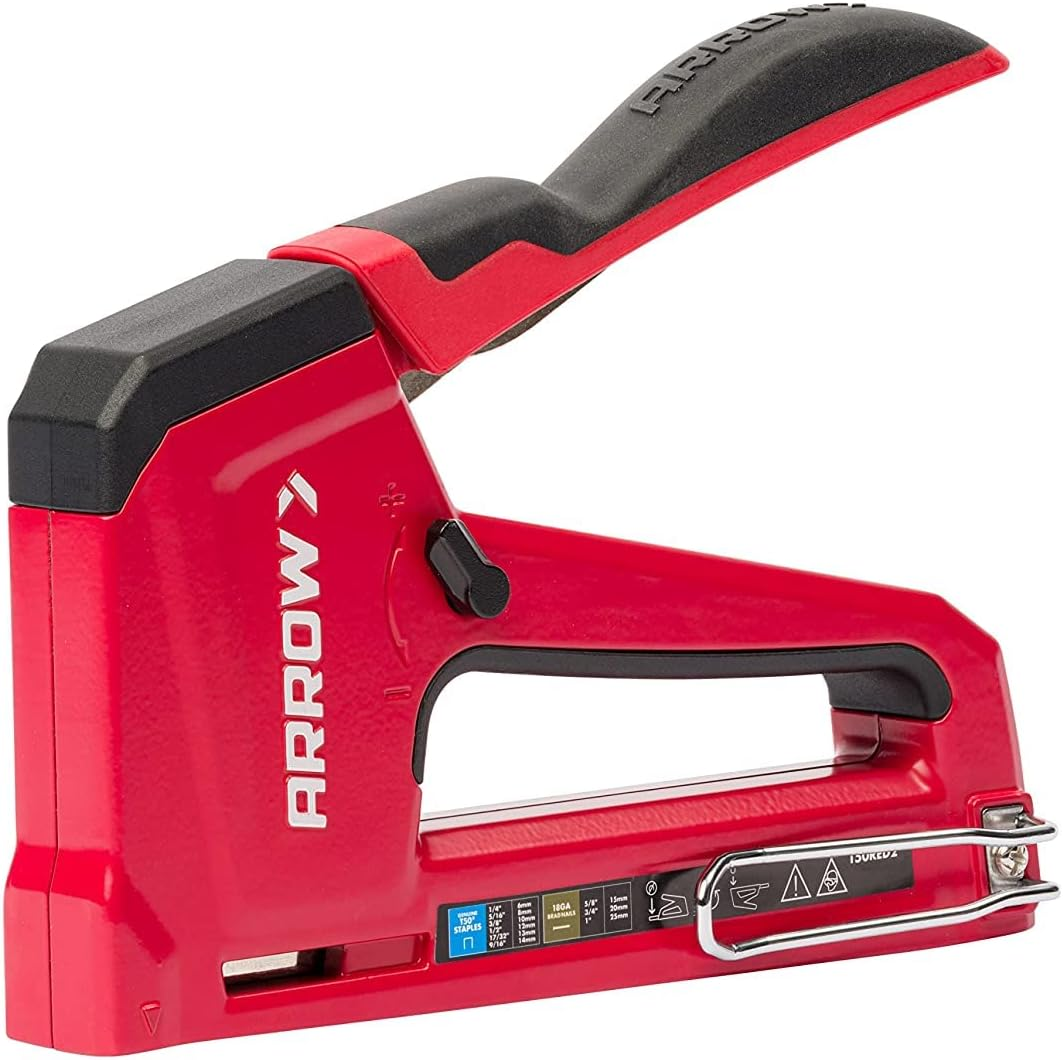 Arrow T50RED2 Heavy Duty Manual 2-In-1 Staple Gun and Brad Nailer for Upholstery, Framing, Insulation, Crafts, and Furniture, Red image number 1