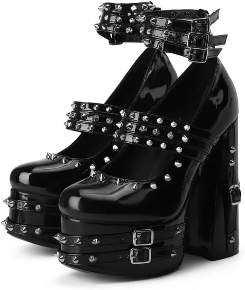 Frankie Hsu Goth Chunky Platform High Heeled Pumps Ankle Bootie, Black Patent Strappy Rivets Punk Gothic Y2K Hot Girl Boot, Big Large Size Shoes for Women Men image number 5