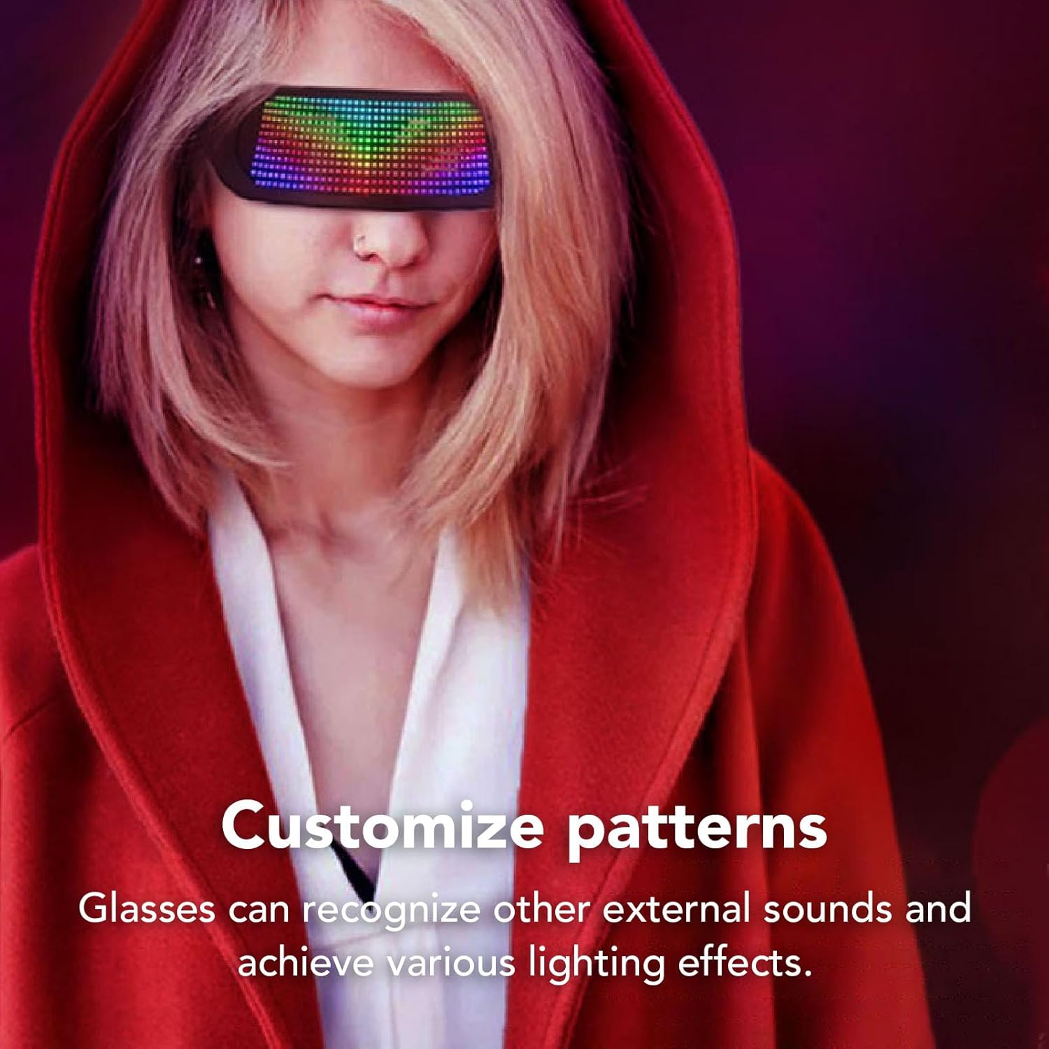 Light up Glasses, 4 Modes 22 Animations 20 Images 10 Languages APP Control BT Full Color USB Rechargeable LED Glowing Glasses, Light up Sunglasses Rave Glasses for Parties image number 1