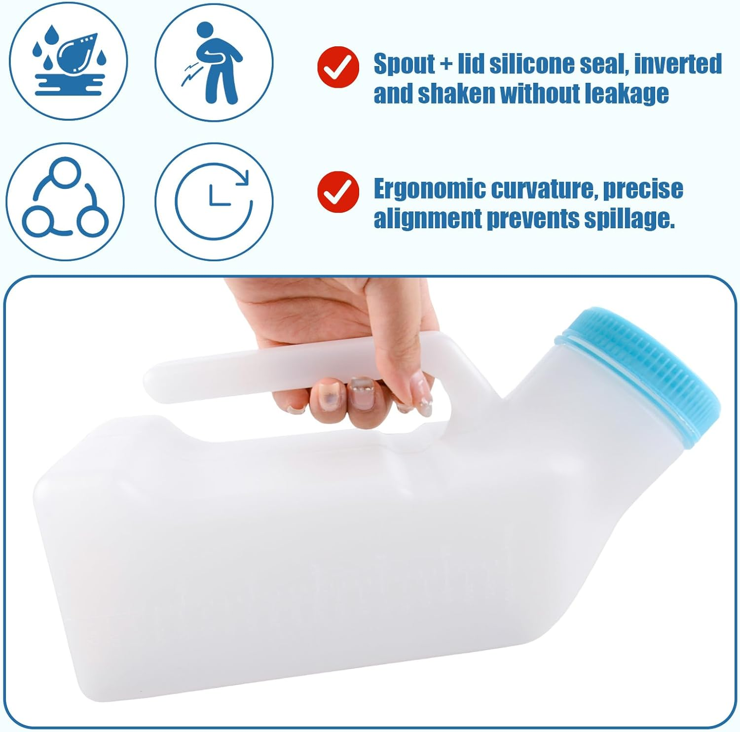 Urinals for Men with Translucent Lid,Portable Urinal for Men 32 Oz/ 1000 Ml Urine Bottle with Lid Large Capacity Clear Measuring Scale No Spill Design Convenient Hygienic Nighttime Use Elderly Friendly Handle Lightweight Durable Urinals for Men image number 5