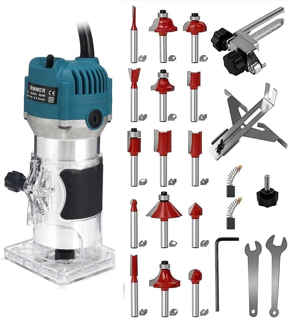 Router Tool, 800W Wood Electric Wood Trimmer, 30000RPM Electric Hand Trimmer, with 15X 1/4&rdquo; Router Bits & 2X Trim Guides for Woodworking Tools 220V AU Plug
