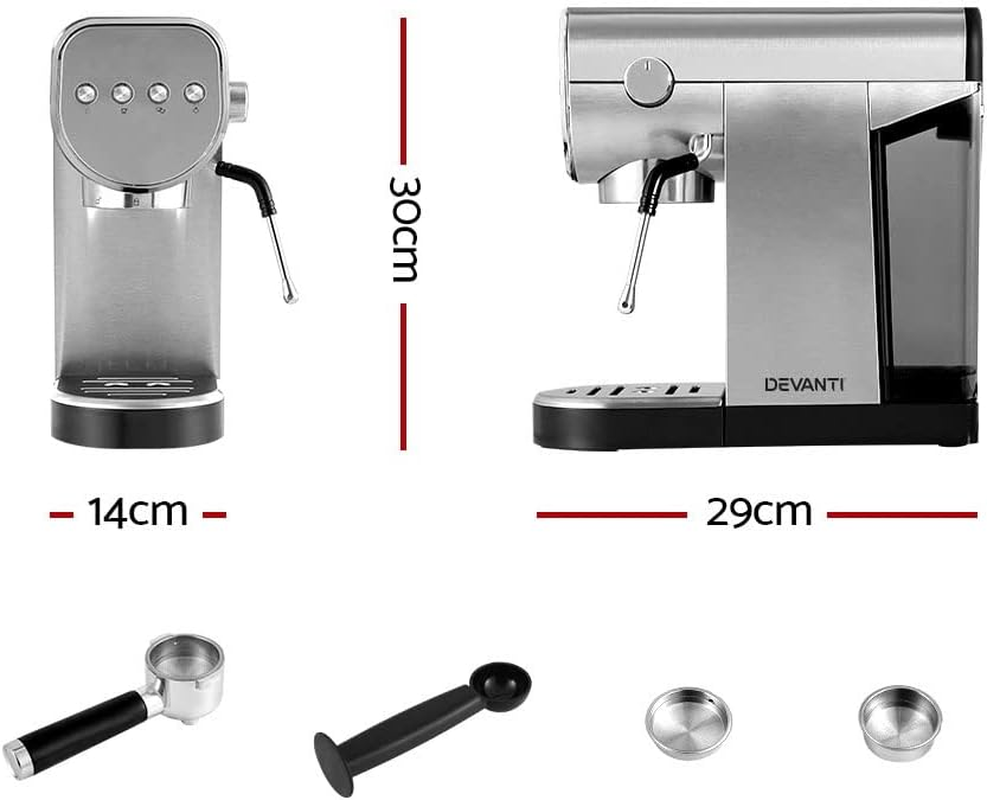 Devanti Coffee Machine, 20 Bar Barista Express Espresso Maker Pod Cafe Cup Latte Cappuccino Milk Frother Machines, with Powerful Pressure Pump Removable Drip Tray and Water Tank Stainless Steel image number 5