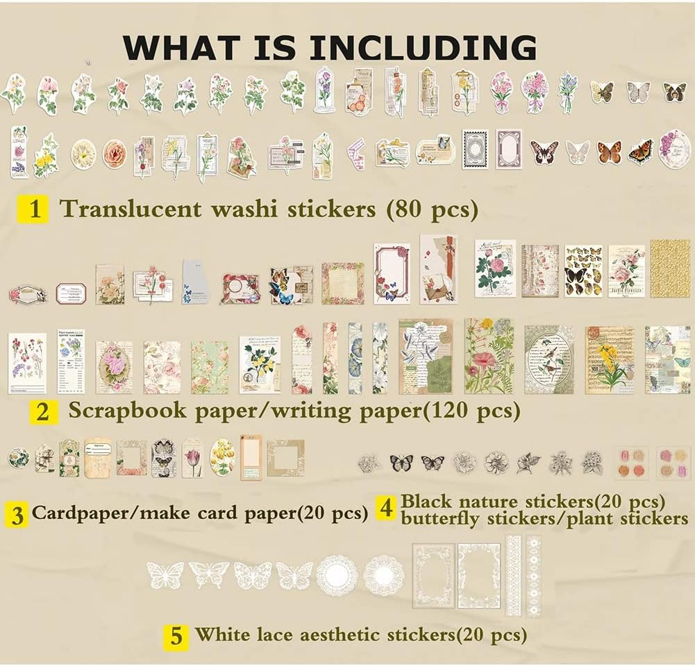 Zicojia 260Pc Vintage Scrapbook Supplies Aesthetic Scrapbook Stickers for Journaling,Gift Wrapping Cottage Decor Collage Craft B