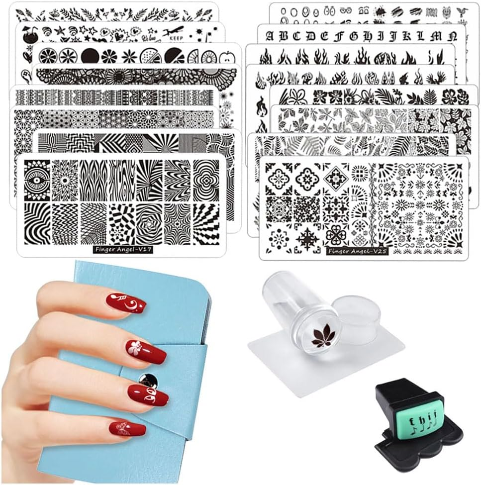 Fingerangel 21Pcs Nail Stamp Plate Set 16Pcs Mix Design Stamping Nail Art Plate + 2Nail Stamper + 2Scraper+1Pcs Case Nails Art Stamping Plate Scraper Stamper Set Leaves Flowers Nail Plate V17-32 image number 2