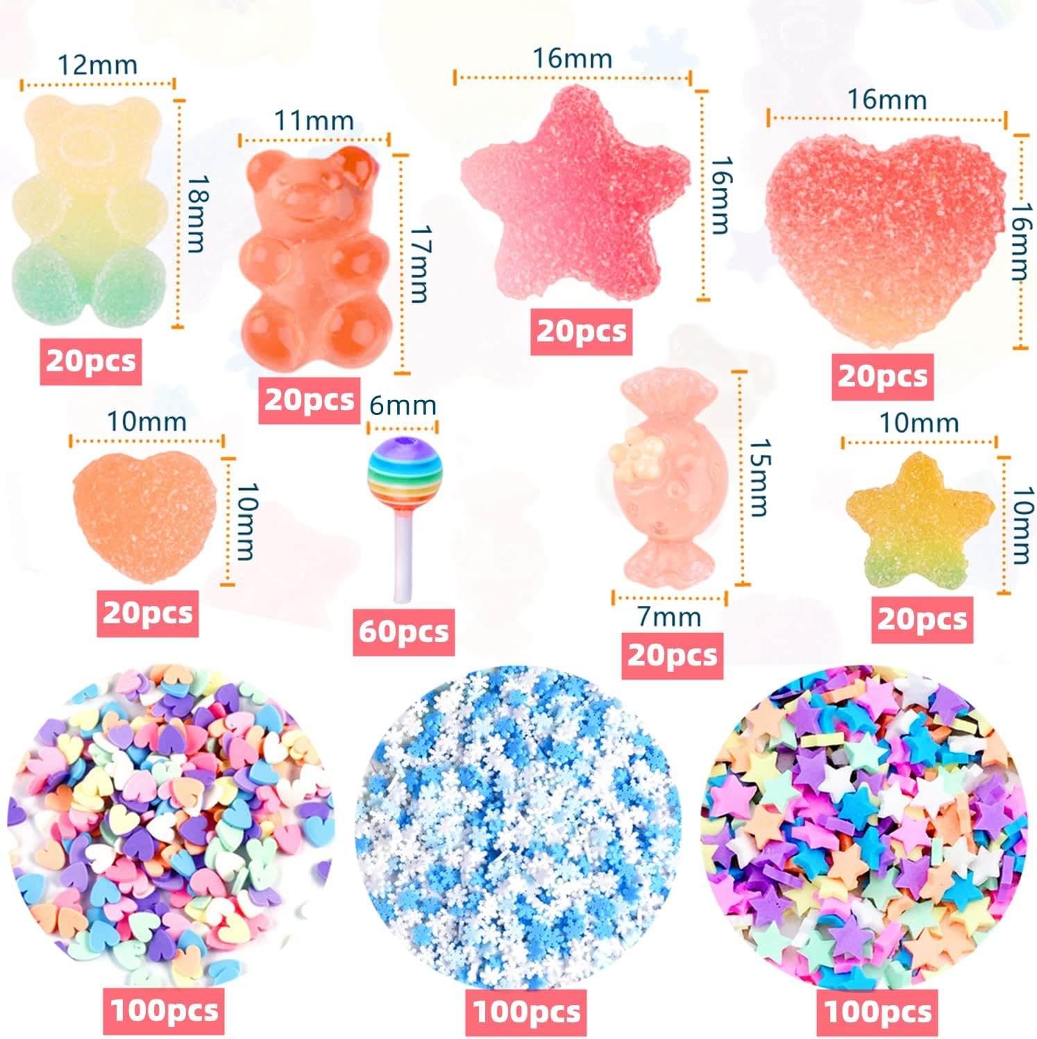 Edittime 200PCS Kawaii Colorful Resin Acrylic 3D Gummy Bear Multi-Sized Heart Star Nail Charms with 300PCS Snowflake Heart Star Slice (Multicolor5)