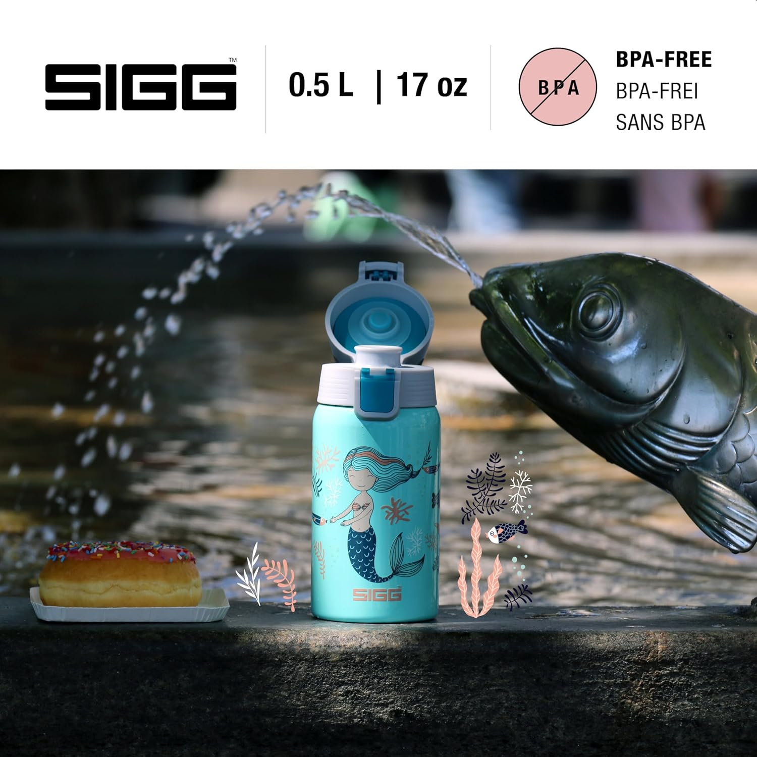 SIGG - Kids Water Bottle - Shield ONE Atlantis - Leakproof - Lightweight - BPA Free - Stainless Steel - Light Blue with Mermaid - 17 Oz