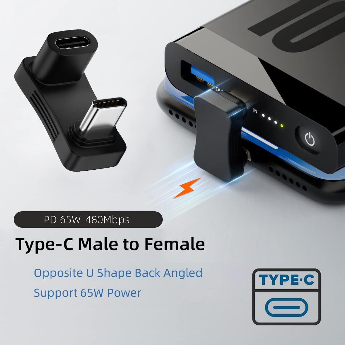 CY 10Gbps USB3.0 Type C Male to Female Power Data Video Adapter opposite U Shape Back Angled Compatible with Deck Phone Laptop image number 1