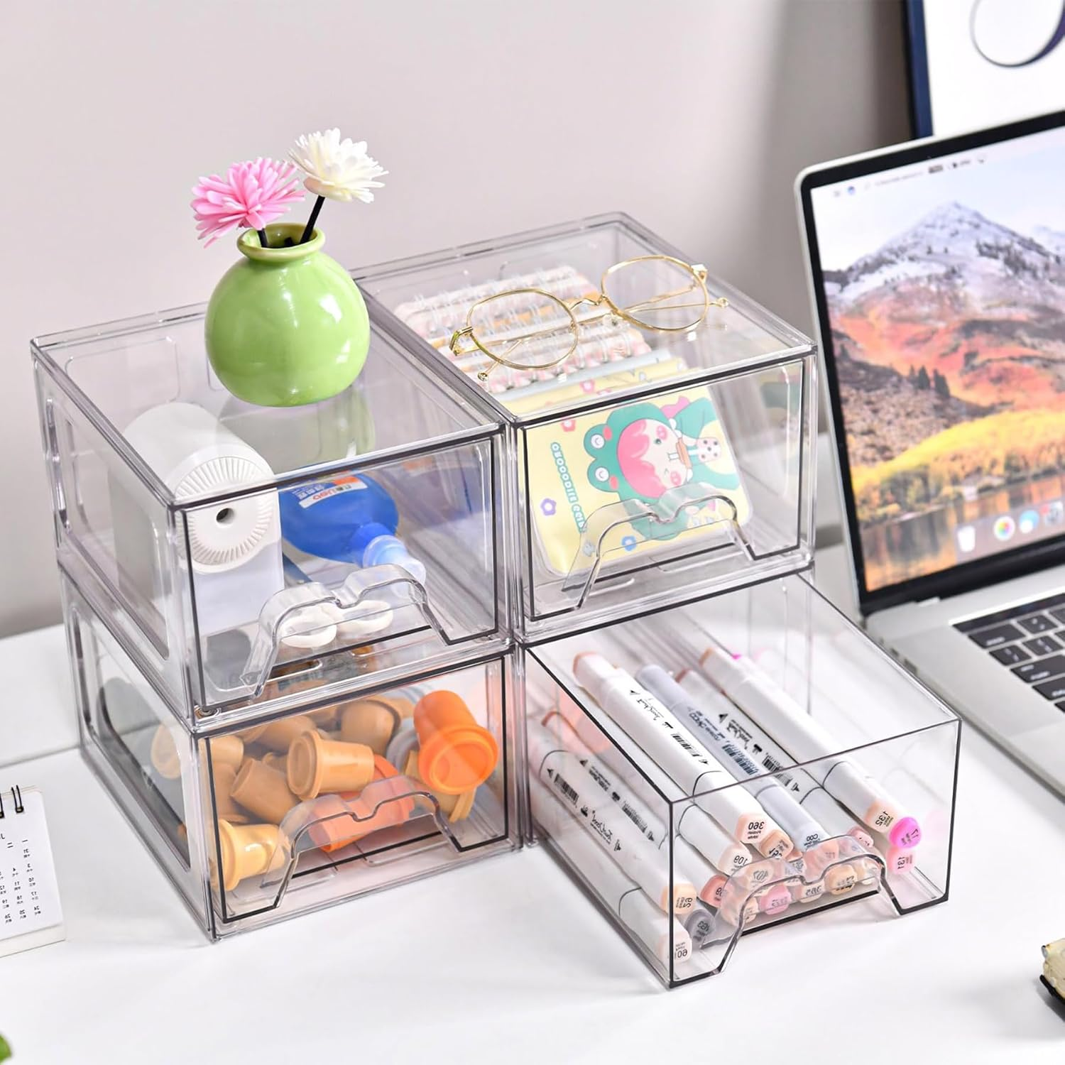 6 Pack Clear Stackable Storage Drawers, 11Cm Tall Acrylic Makeup Organiser, Small Plastic Storage Bins for Vanity, Pantry, Desk, Undersink, Kitchen Cabinets, Bathroom