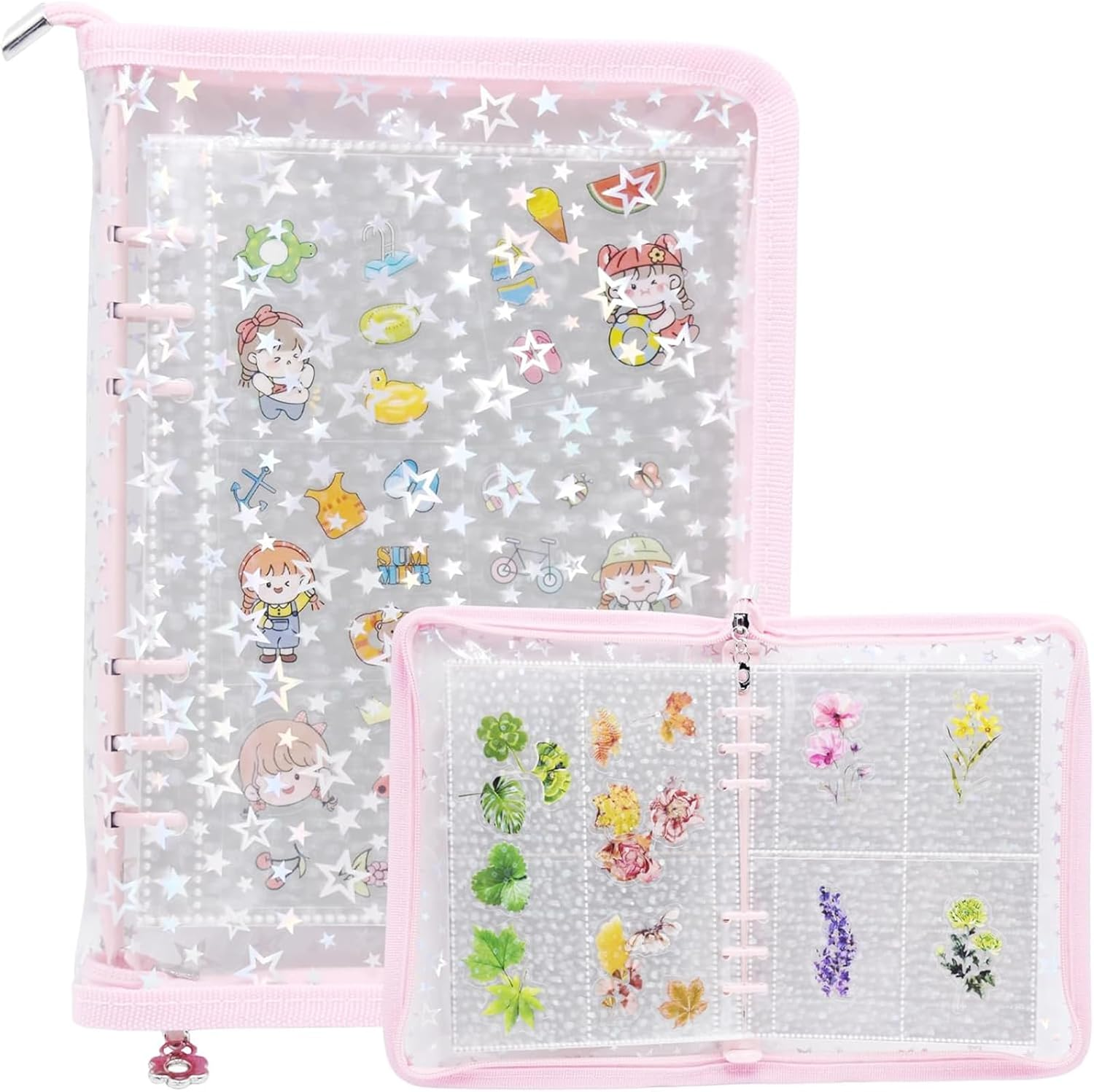 Transparent Zipper Sticker Storage Organizer Binder Album, 90 Pockets for Jewelry, Scrapbook & Collecting Stickers (Pink)