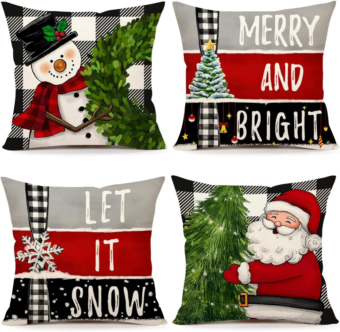 4TH Emotion Red Christmas Pillow Covers 20X20 Set of 4 Farmhouse Christmas Decorations Snowman Wreath Santa Claus Tree Merry Christmas Holly Jolly Winter Holiday Decor for Home Couch S22C17-20